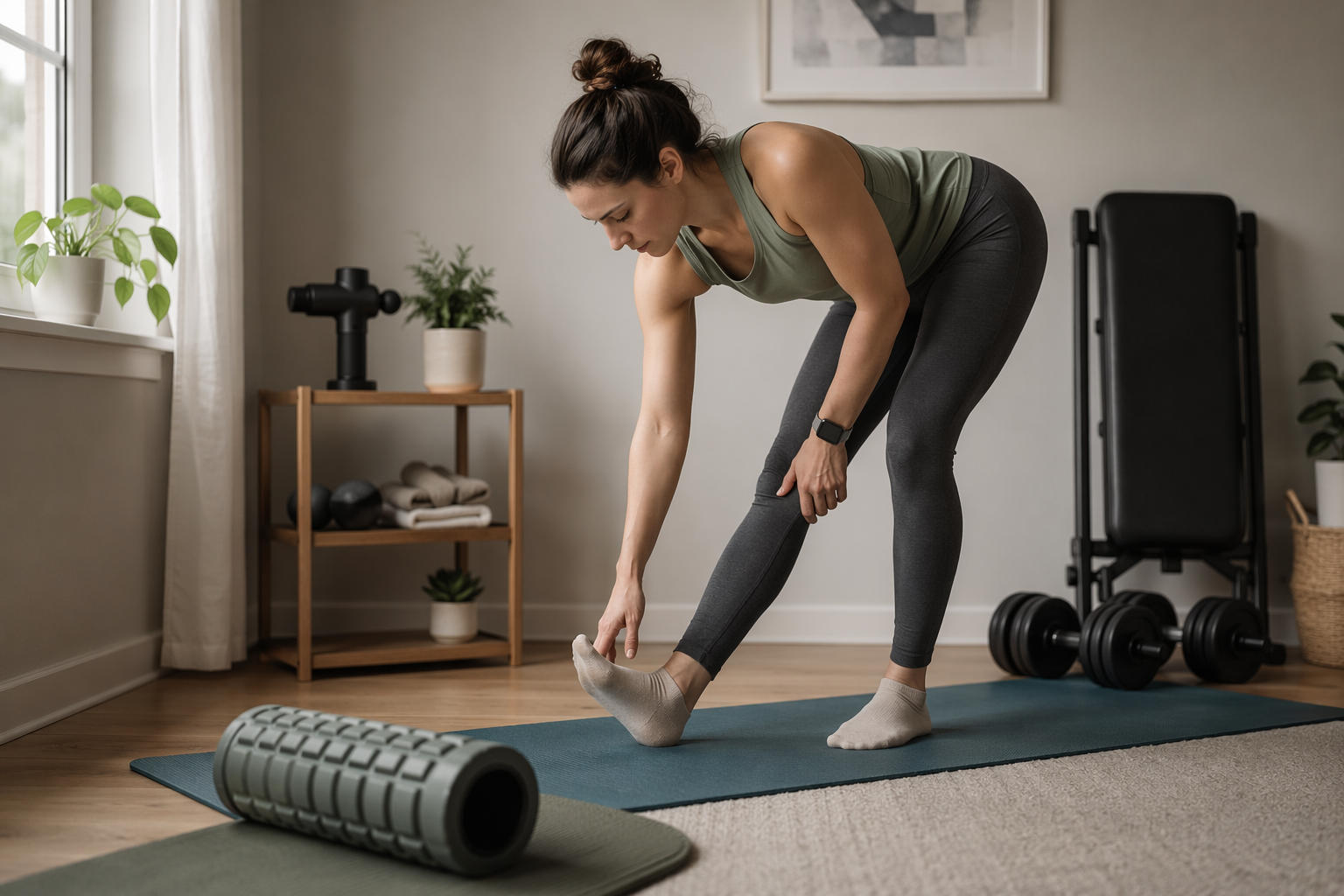 A home fitness recovery corner with a foam roller on a muted teal yoga mat in the foreground, a massage gun on a small shelf in the mid-ground, and a person wearing a fitness tracker performing a standing hamstring stretch.