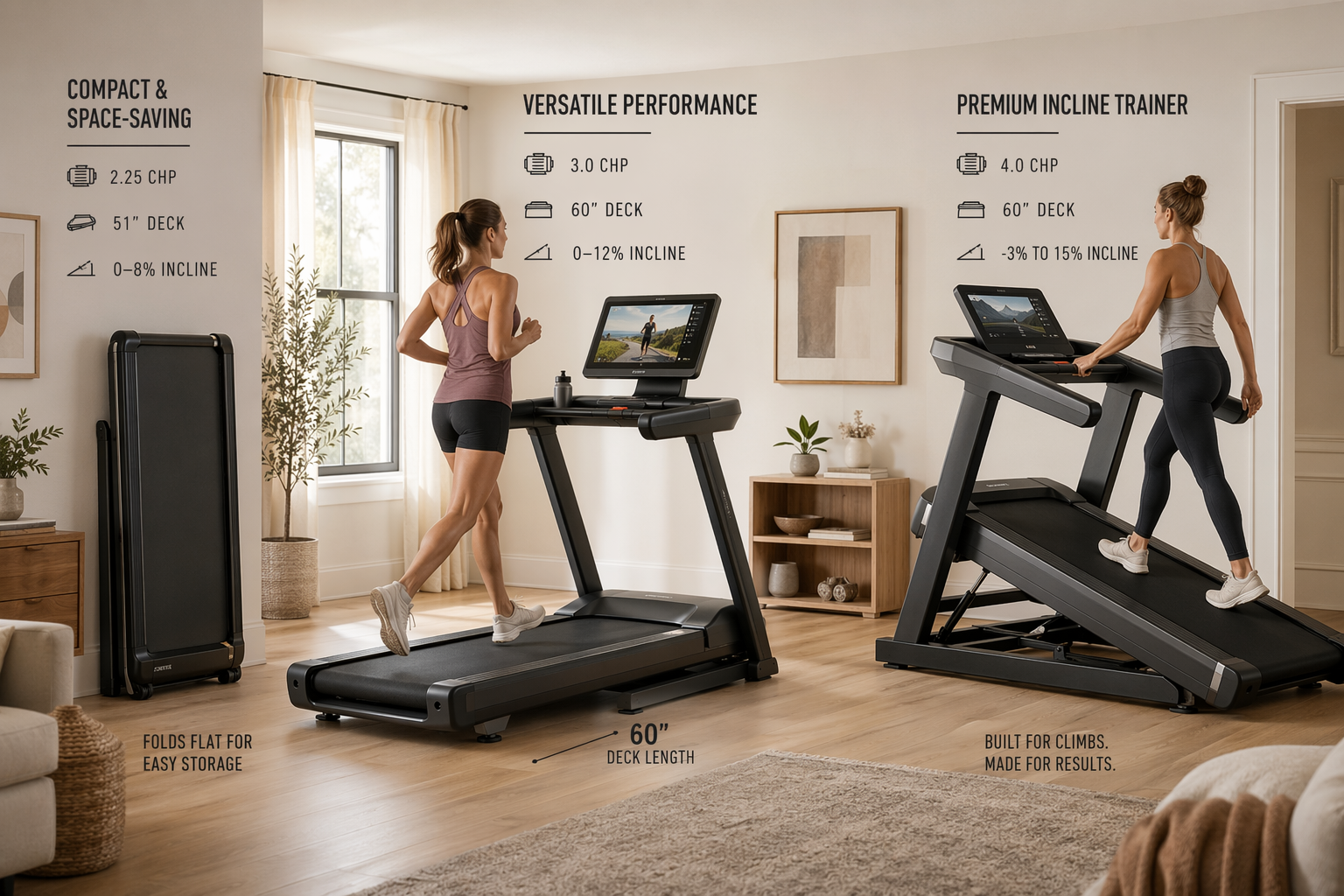 Three home treadmills arranged across a warm-toned living room setting: a compact fold-flat treadmill stored against the wall on the left, a mid-range treadmill with a runner mid-stride on a long deck and pivoting touchscreen in the center, and a premium incline trainer at a steep grade with a runner power-walking on the right. Subtle spec callouts near each treadmill indicate motor power, deck length, and incline range.
