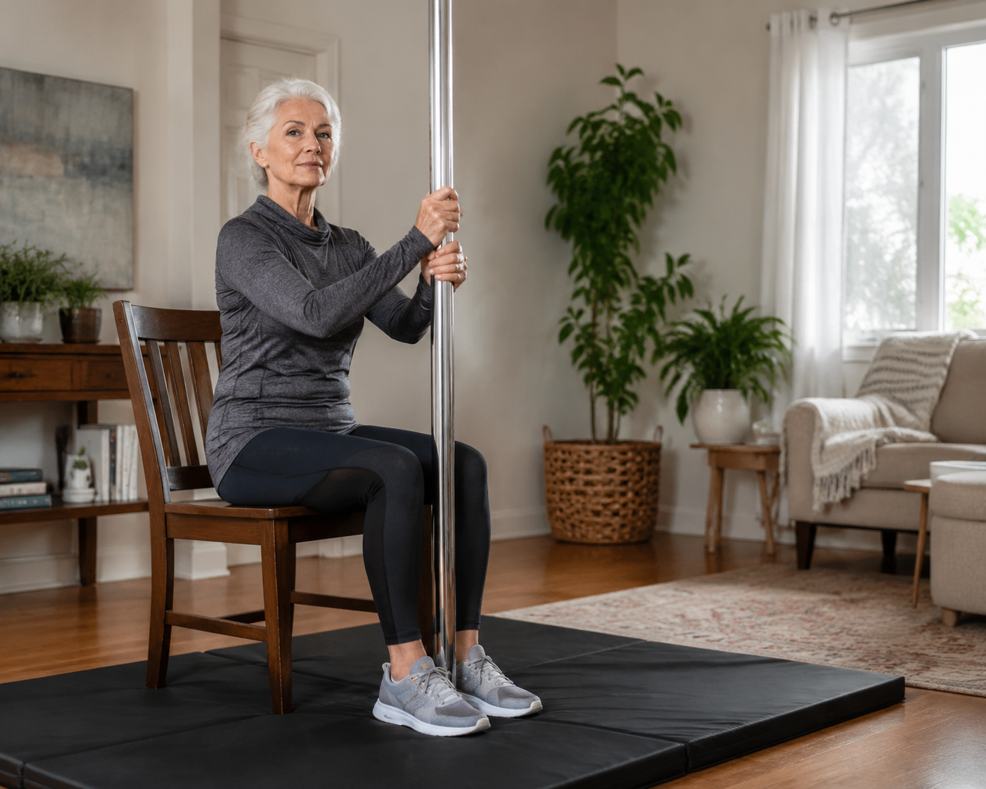 Silver-haired woman seated on a chair beside a home pole with a crash mat underneath