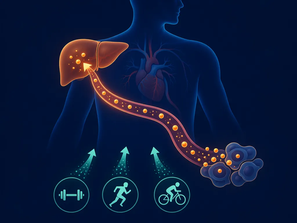 Illustration of cholesterol particles moving through blood toward the liver with exercise icons below