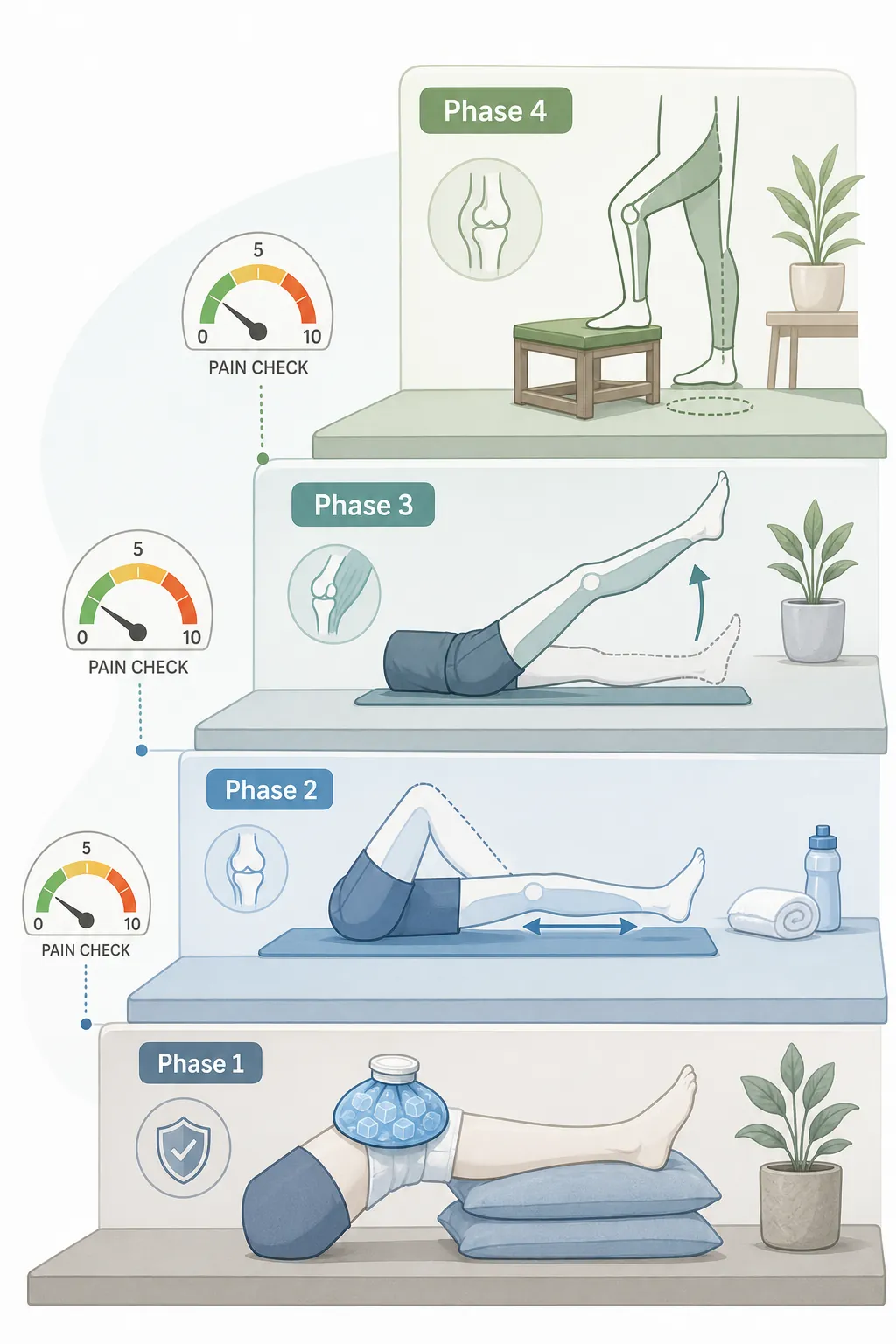 Four-stage knee recovery staircase with ice, heel slide, straight leg raise, balance, and pain monitoring gauges