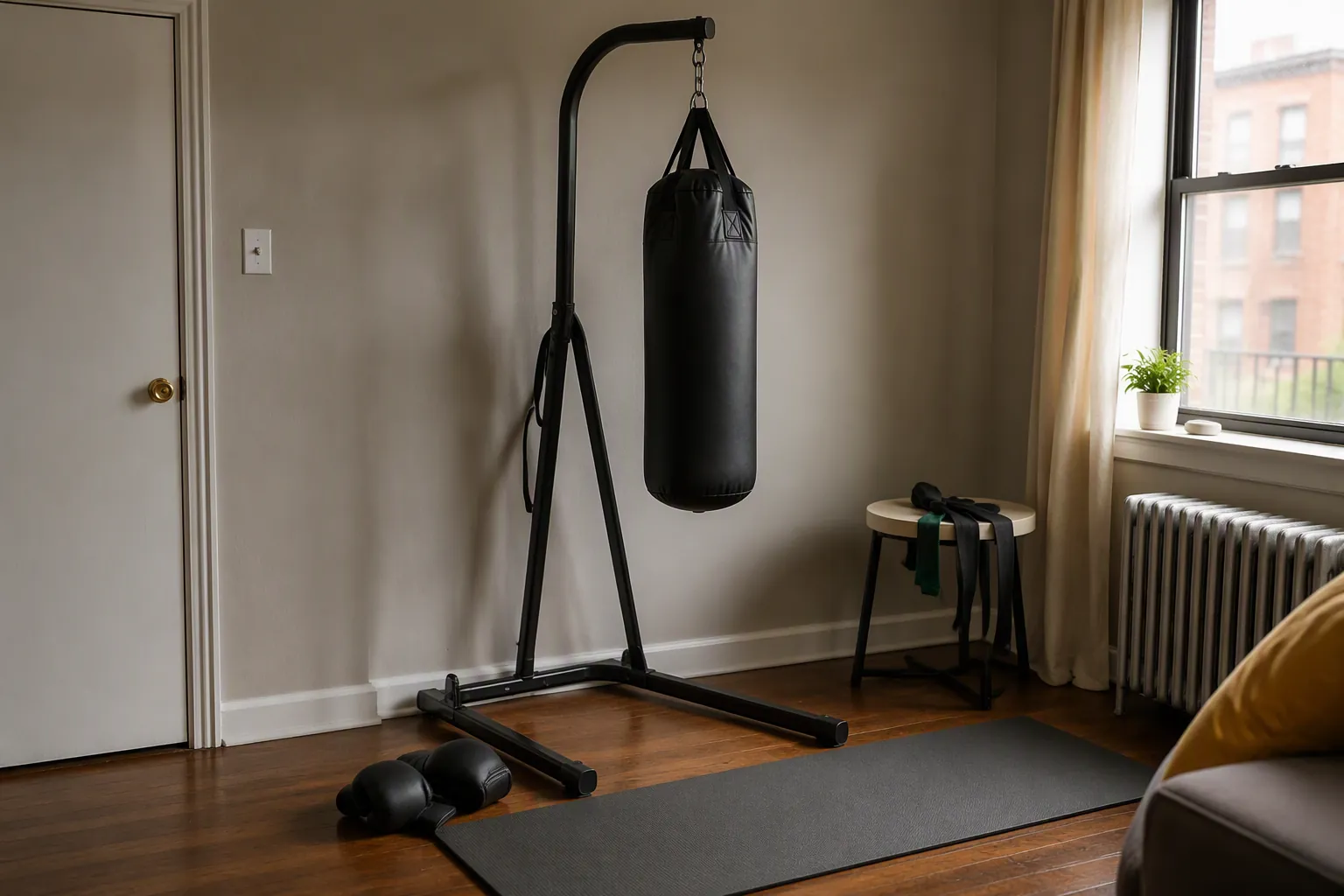 Apartment corner with a freestanding heavy bag setup, gloves, hand wraps, and a yoga mat