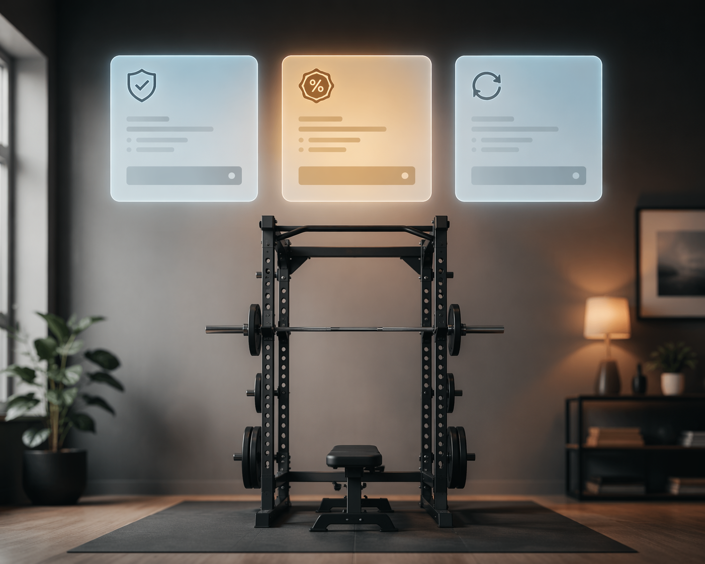 Checkout panels comparing warranty protection, discount depth, and return flexibility above a power rack