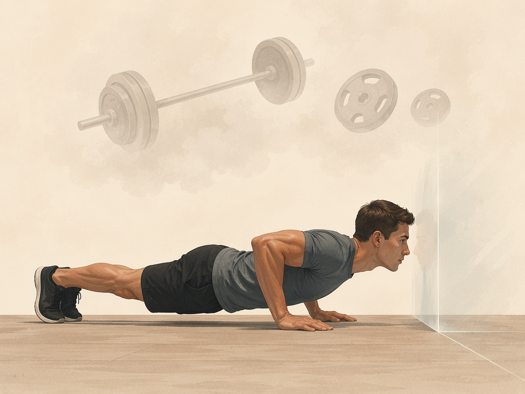 A minimalist editorial illustration of a person doing a push-up on a floor with a subtle glass-like barrier above them they cannot break through, while faded icons of a barbell and weight plates float out of reach above.