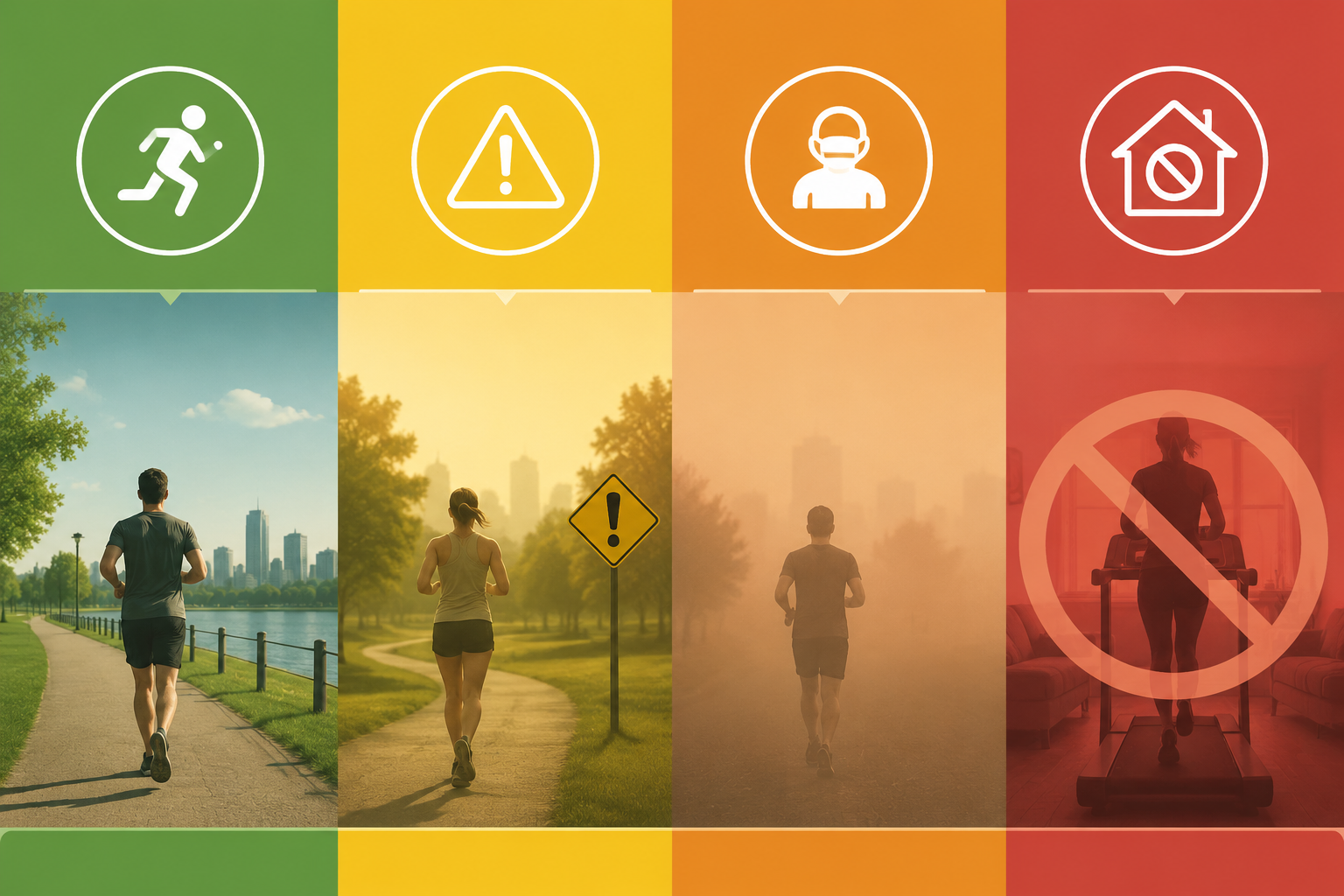 Green yellow orange and red AQI color bands showing running decisions from clear path to indoor stop symbol