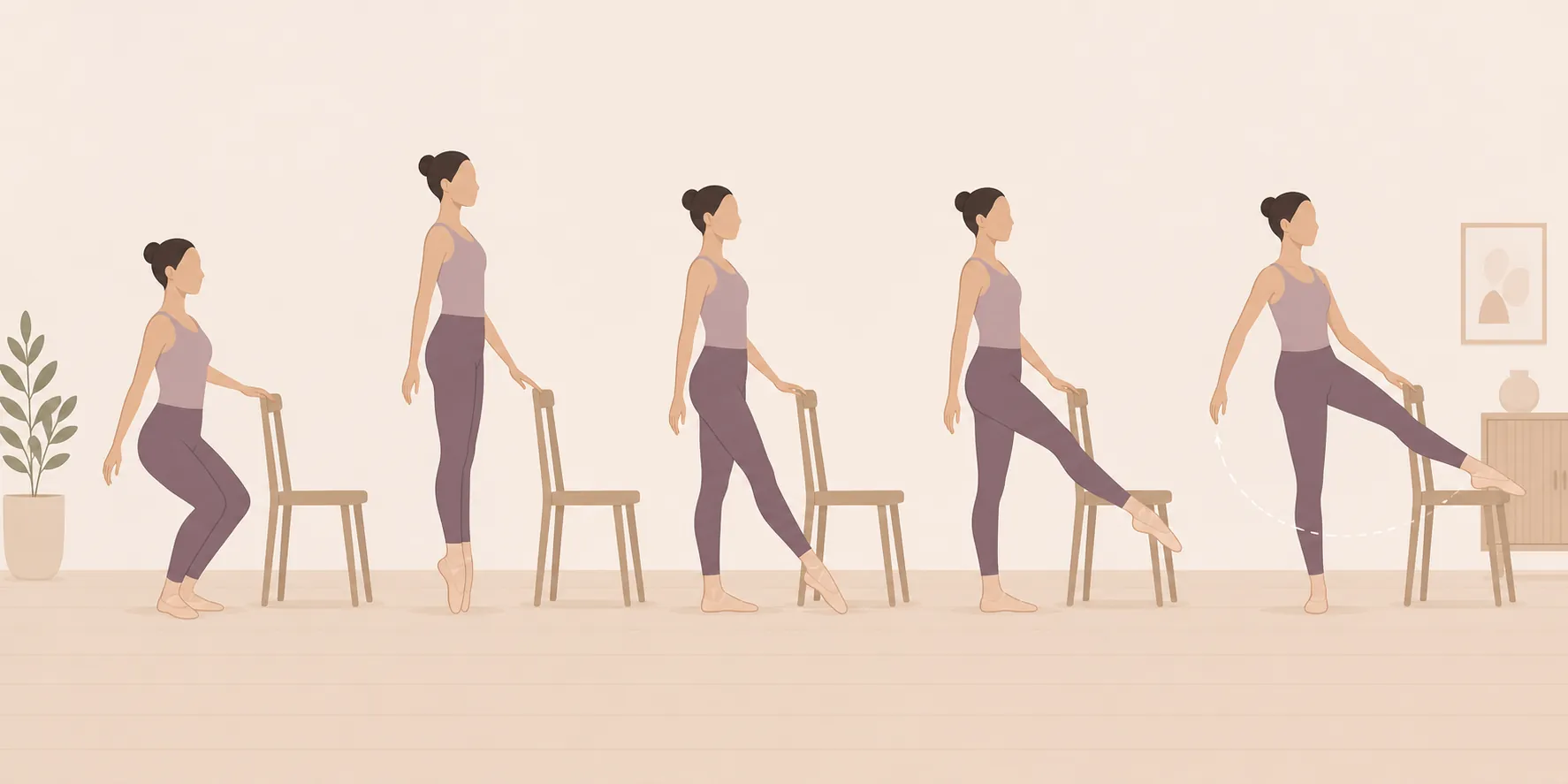 Five simple figures demonstrating plié, relevé, tendu, dégagé, and rond de jambe with chair support