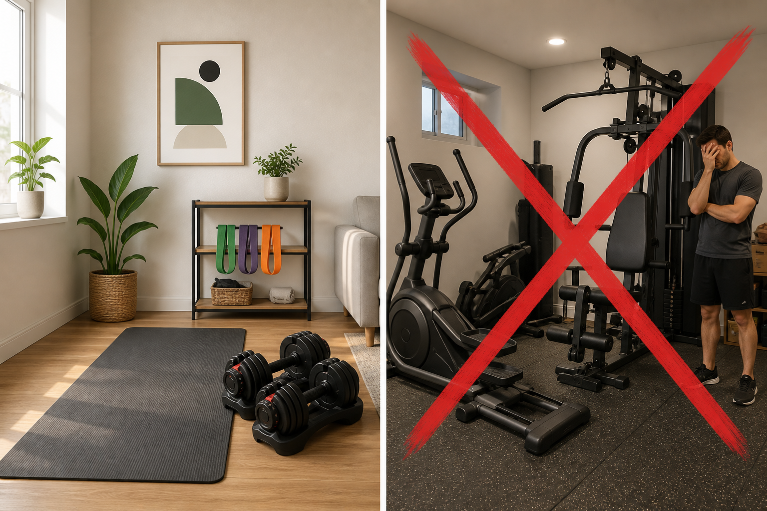 Split comparison: left side shows a compact apartment workout setup with yoga mat, adjustable dumbbells, and bands on a shelf; right side shows a bulky elliptical machine and all-in-one gym tower with a red X icon.