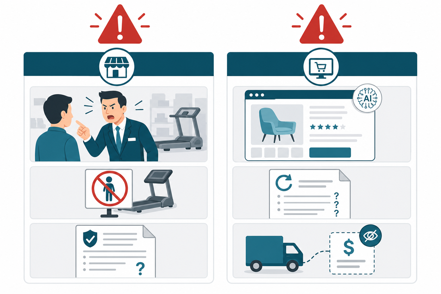 A two-column illustration comparing red flags for in-store shopping (pushy salesperson, no-touch sign, vague warranty) and online shopping (AI-generated product page, confusing return policy, hidden shipping costs), with red warning triangles above each column.