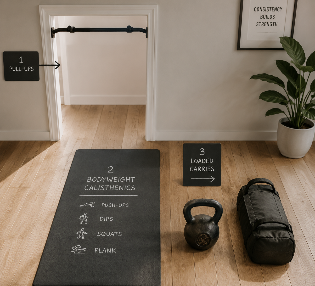 Doorway pull-up bar, workout mat, kettlebell, and sandbag arranged on a wooden floor in exercise order