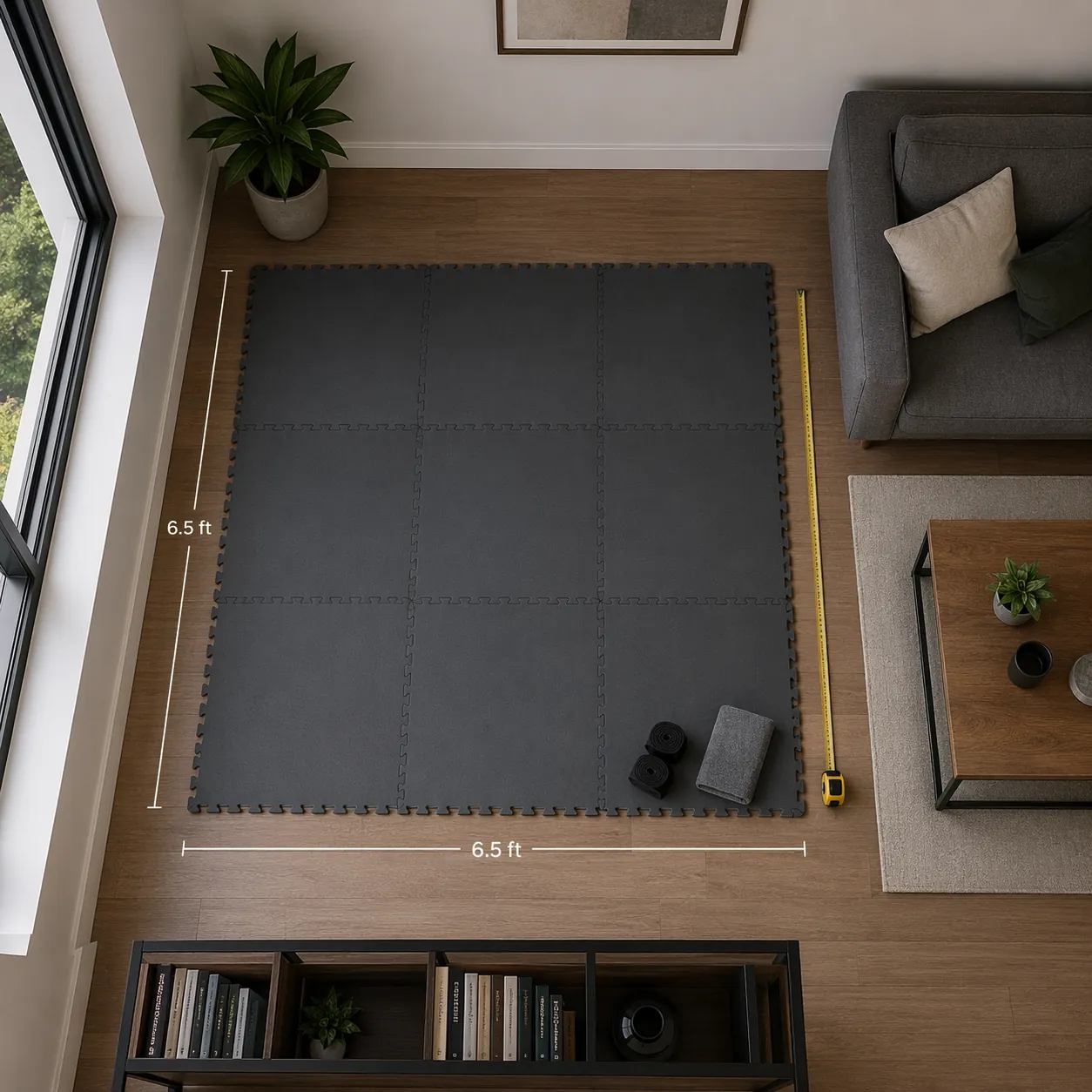 Top-down view of a compact square of foam mats set up for apartment boxing