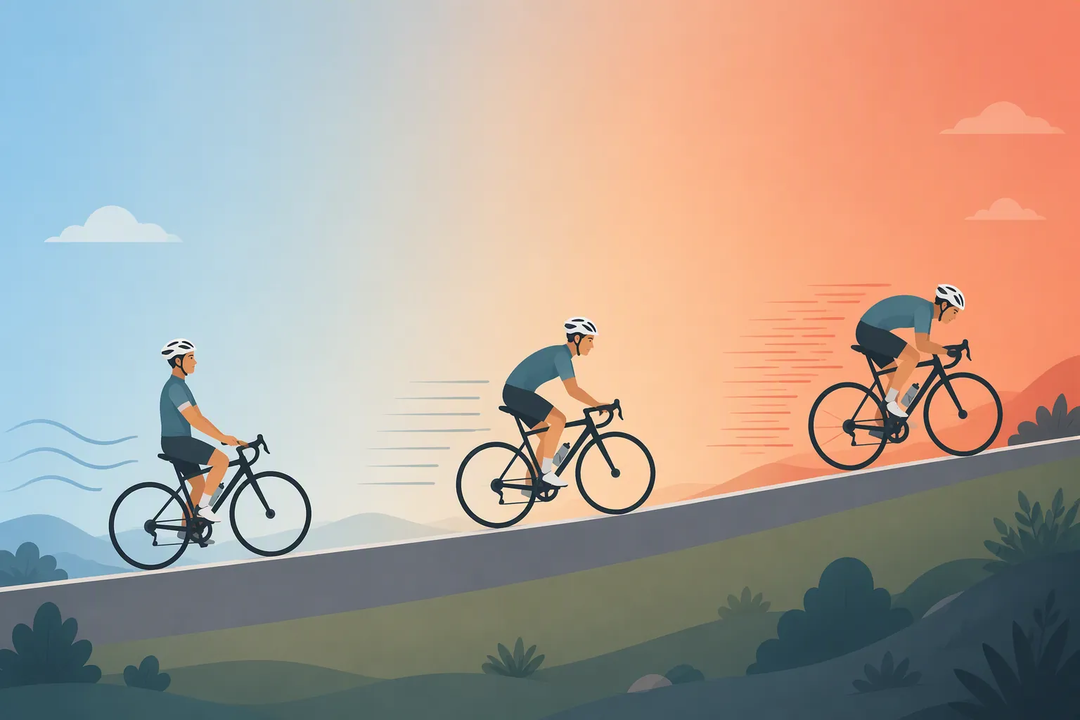 A cyclist shown at easy, moderate, and hard effort levels on a gently climbing road