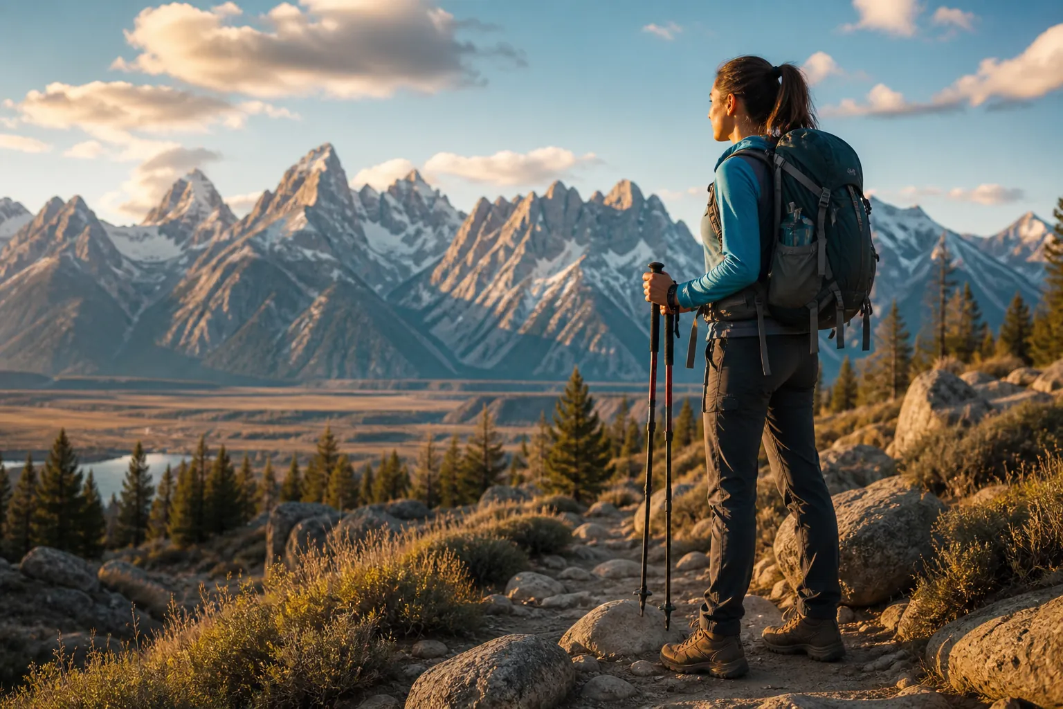 Prepared hiker with poles and backpack on a rocky trail overlooking the Teton range