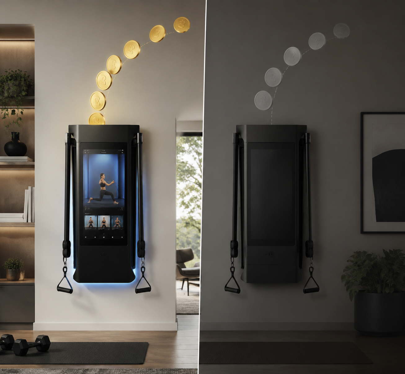 Smart gym shown with active subscription payments on one side and dimmed functionality after cancellation on the other