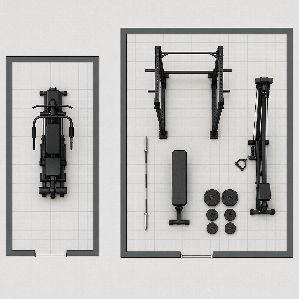Top-down floor plan comparison showing a compact all-in-one machine on the left occupying a small rectangular footprint, and separate home gym components (power rack, bench, barbell, plates, cable tower) on the right spread across more total floor area on a grid surface