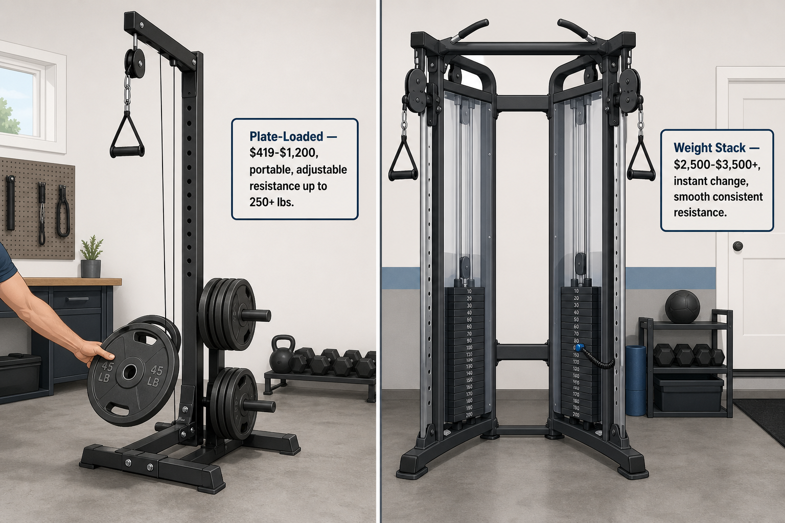 Split-screen flat vector illustration comparing a plate-loaded cable tower (left) with weight plates being placed onto loading pegs and a selector-pin weight stack functional trainer (right) with enclosed stacks and a hand inserting the pin.