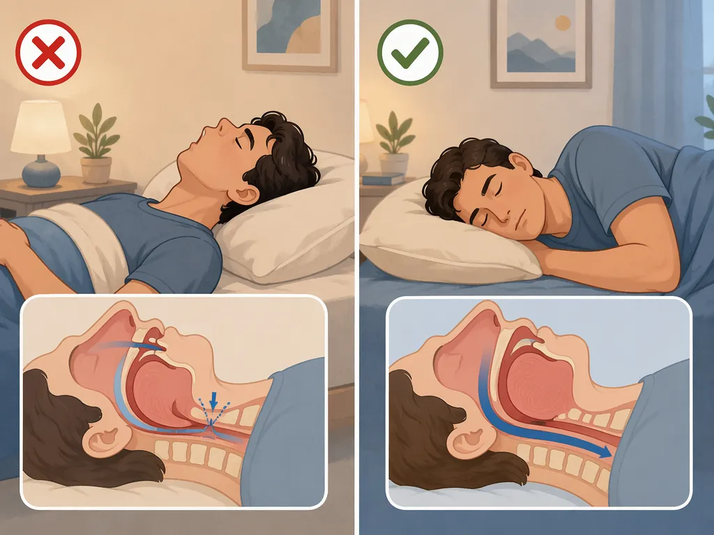 Illustration comparing back sleeping with a narrowed airway and side sleeping with an open airway