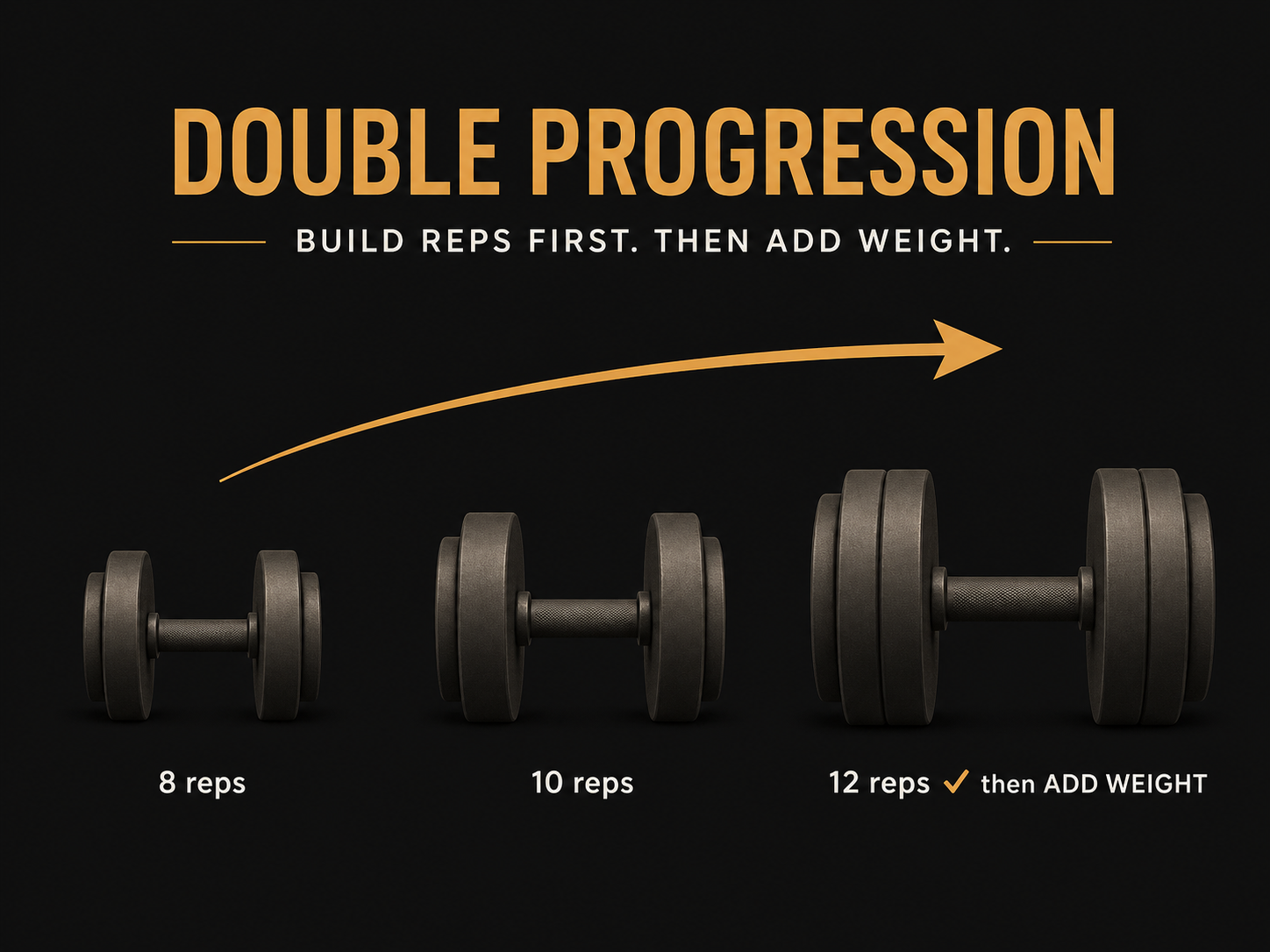 Editorial visual showing three dumbbell icons increasing in size with rep labels 8, 10, and 12, and a checkmark indicating when to add weight.