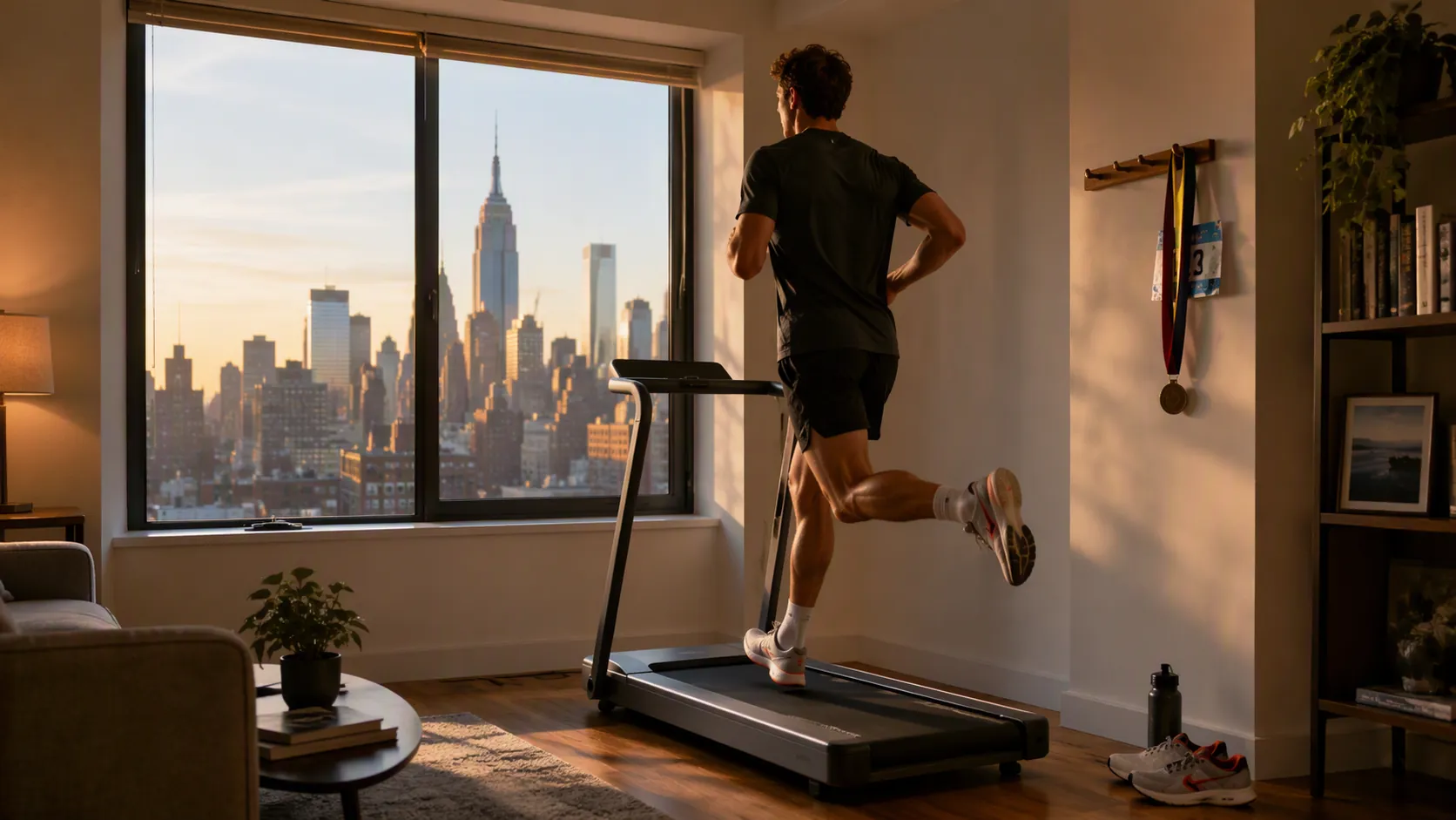 Runner on a compact treadmill in a small New York City apartment with race gear nearby