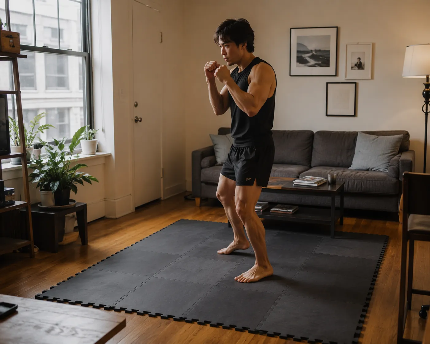 A boxer practicing stance on EVA foam mats in a small apartment living room