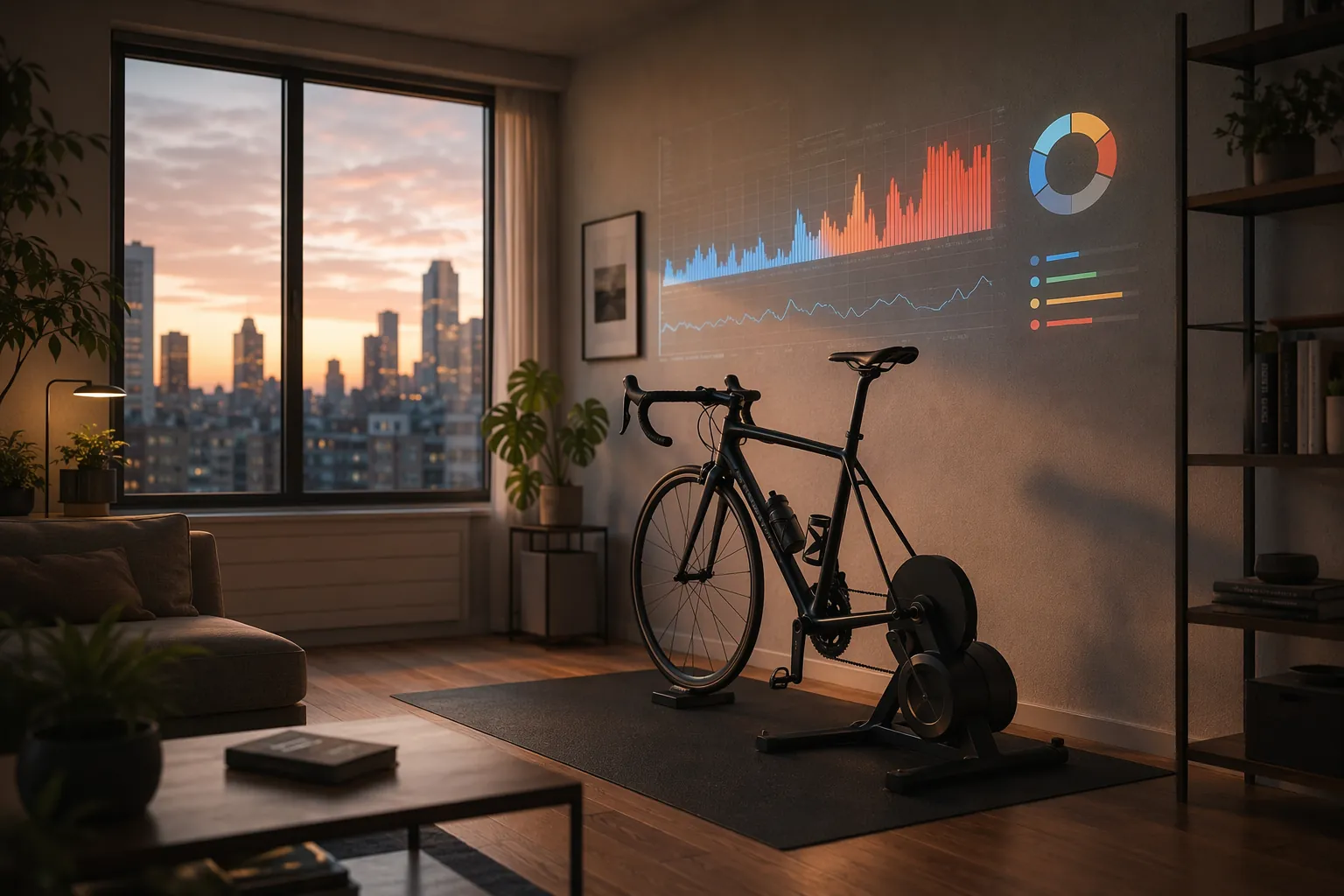 Indoor trainer set up in a modern apartment with training-zone visuals