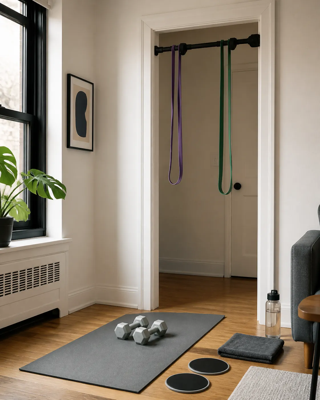 Small apartment workout corner with a pull-up bar, resistance bands, mat, dumbbells, sliders, towel, and water bottle