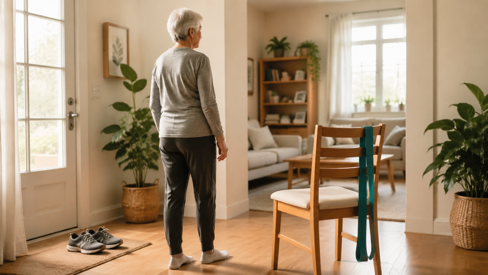 Walking shoes, a sturdy chair, and a resistance band arranged in a bright home living room