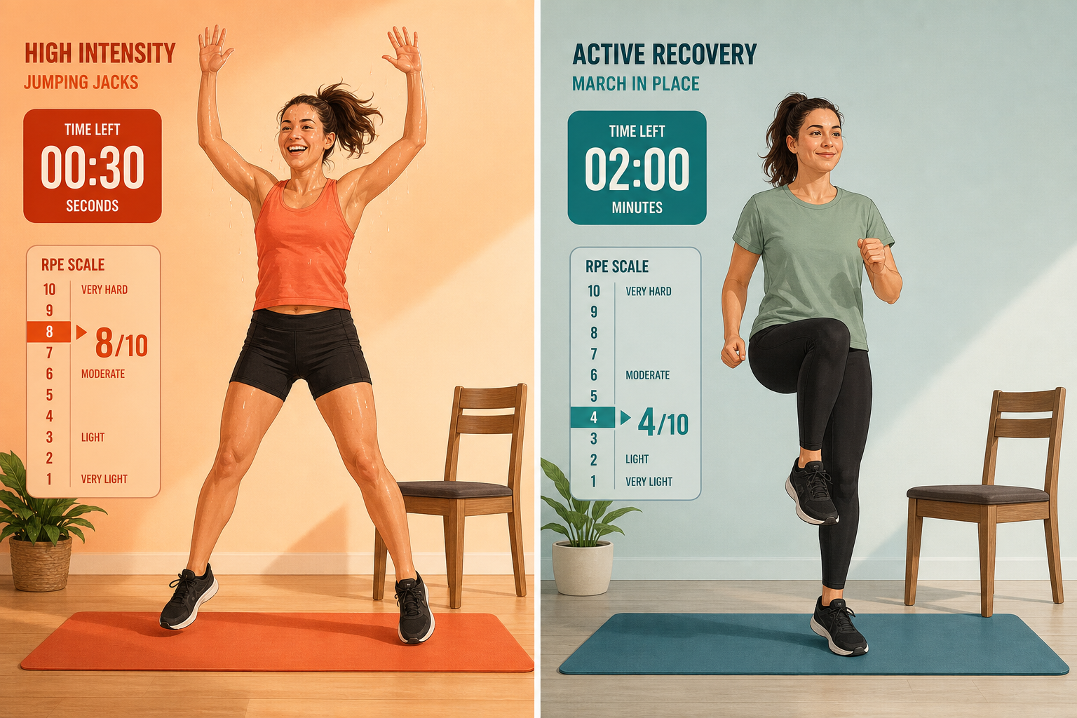 Split-screen illustration comparing high-intensity 7-minute workout on the left with low-intensity active recovery on the right, showing RPE scales and timers.