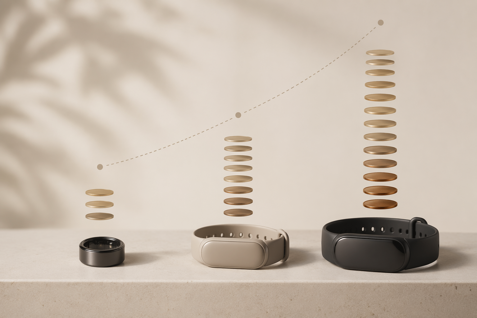 Ring, band, and wristband silhouettes with coin-like elements suggesting different long-term costs