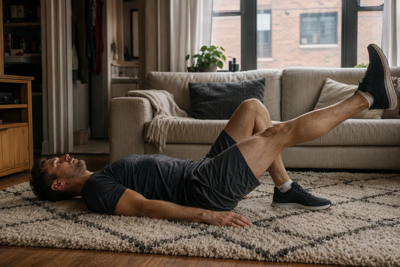 Athlete performing a straight leg raise on a living room rug with no equipment