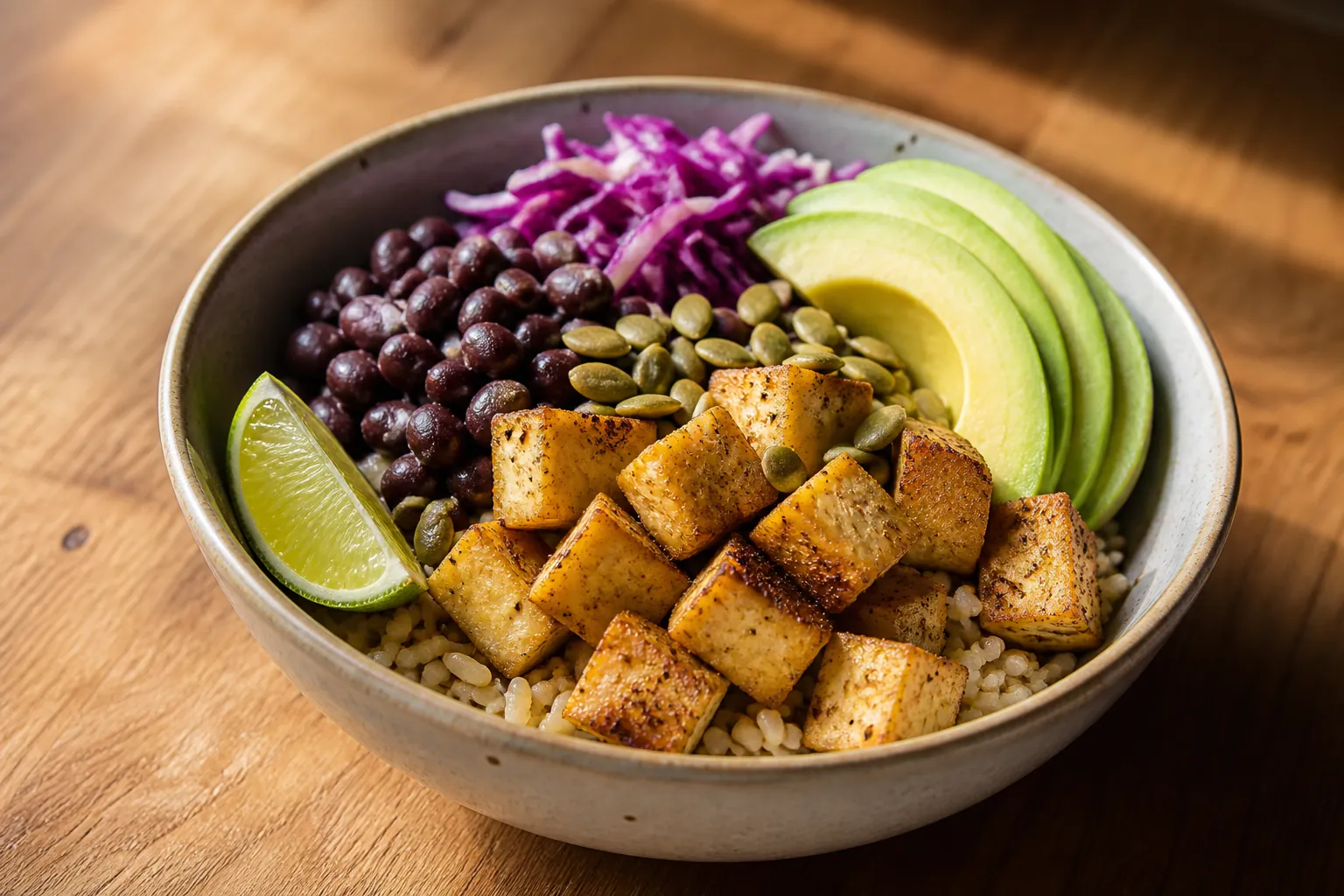 Plant-based recovery bowl with brown rice, pan-seared tofu, black beans, avocado, pumpkin seeds, red cabbage, and lime
