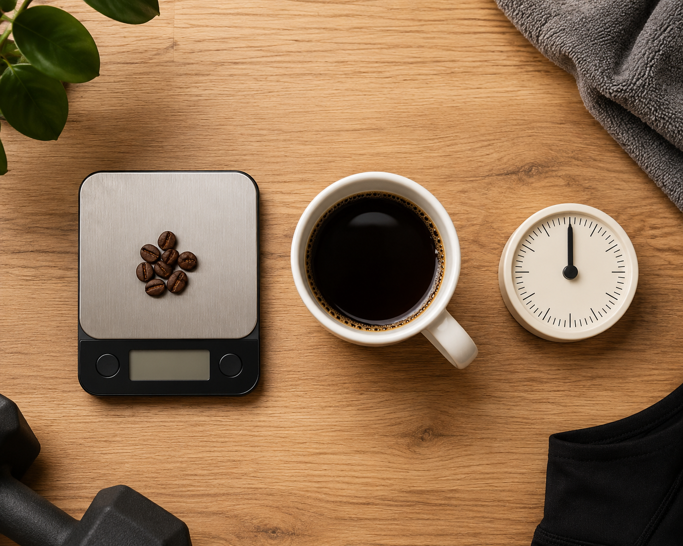 Coffee beans on a kitchen scale beside a mug and a timer set to 60 minutes