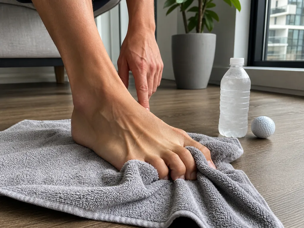 Close-up of a bare foot performing a towel scrunch exercise with a frozen water bottle and golf ball nearby