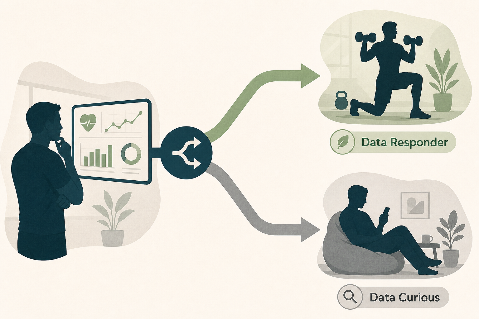 Conceptual editorial illustration showing a two-path decision flow. On the left, a silhouette of a person examines a small fitness data screen. An upward green-toned arrow leads to a silhouette actively working out with weights, labeled 'Data Responder'. A downward neutral gray arrow leads to a silhouette resting while glancing at a phone, labeled 'Data Curious'. Minimalist abstract silhouettes, dark teal, sage green, and warm gray palette, no logos or faces.