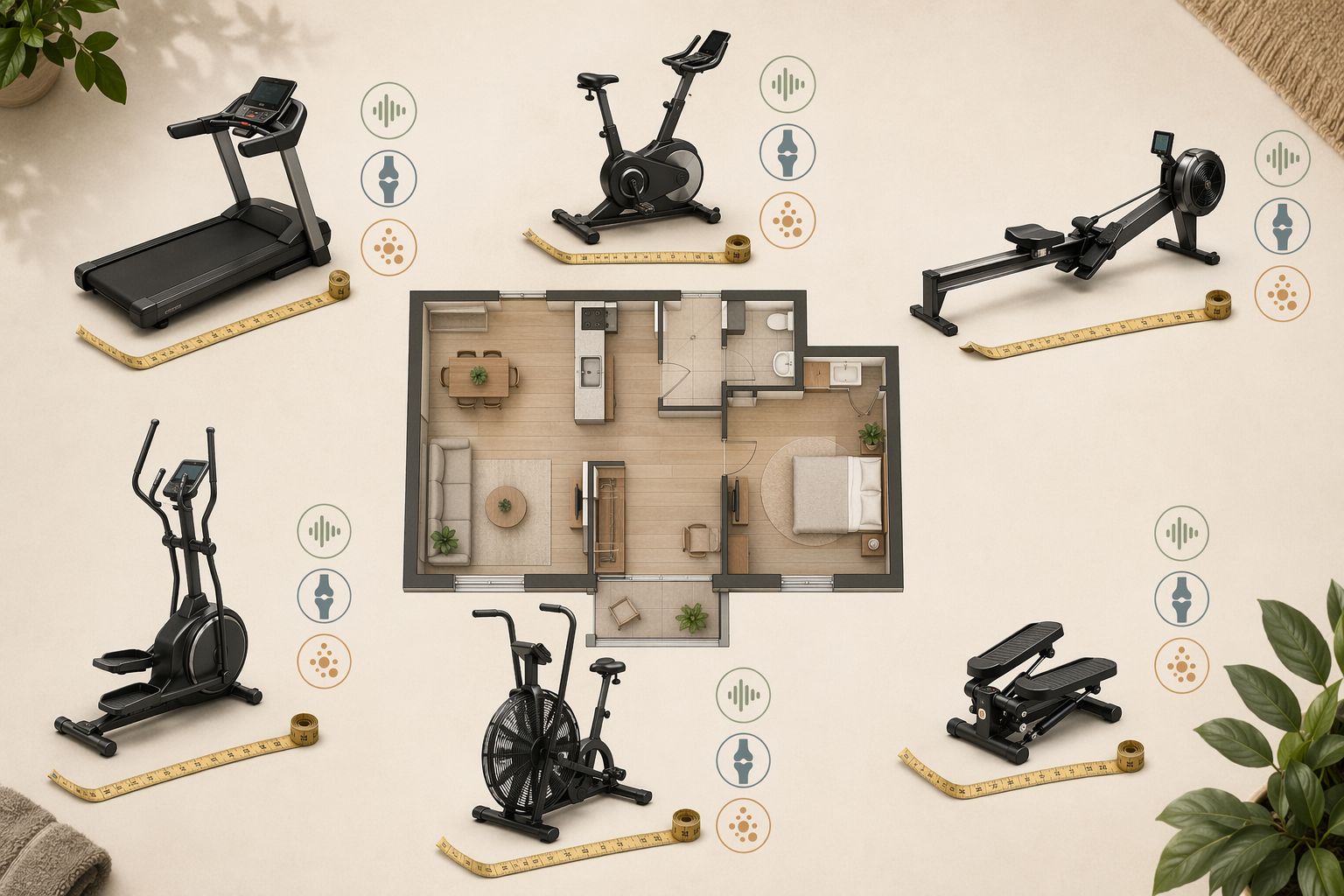 Six types of home cardio equipment arranged around a home floor plan with footprint, noise, and joint impact indicators
