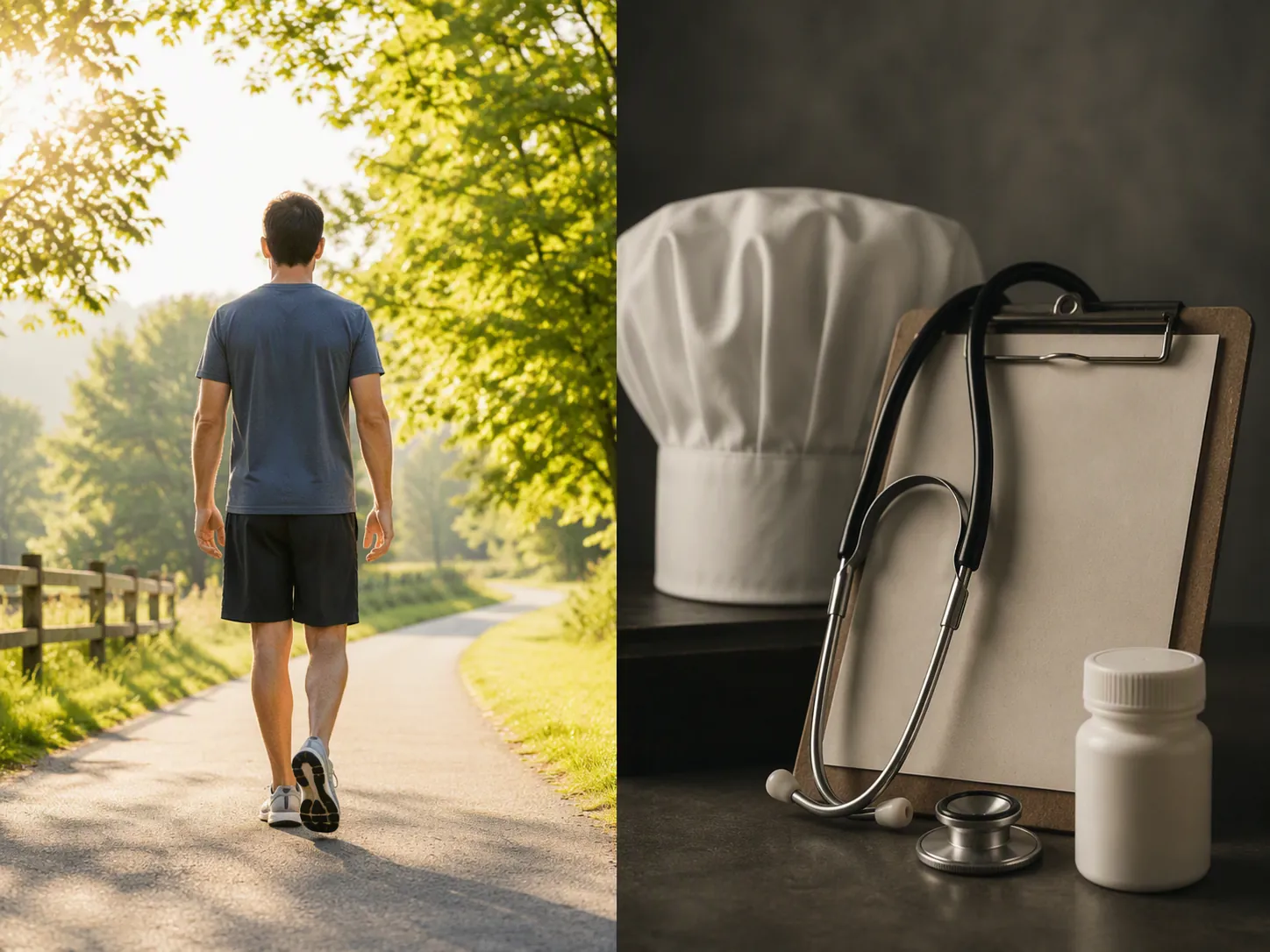 An illustration contrasts a walking path with silhouettes of a chef hat, stethoscope, clipboard, and pill bottle