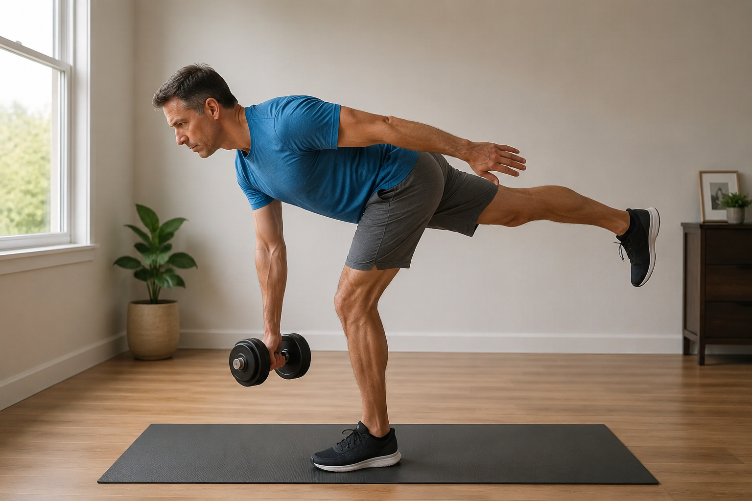 A golfer performs a single-leg Romanian deadlift at home while holding an adjustable dumbbell.