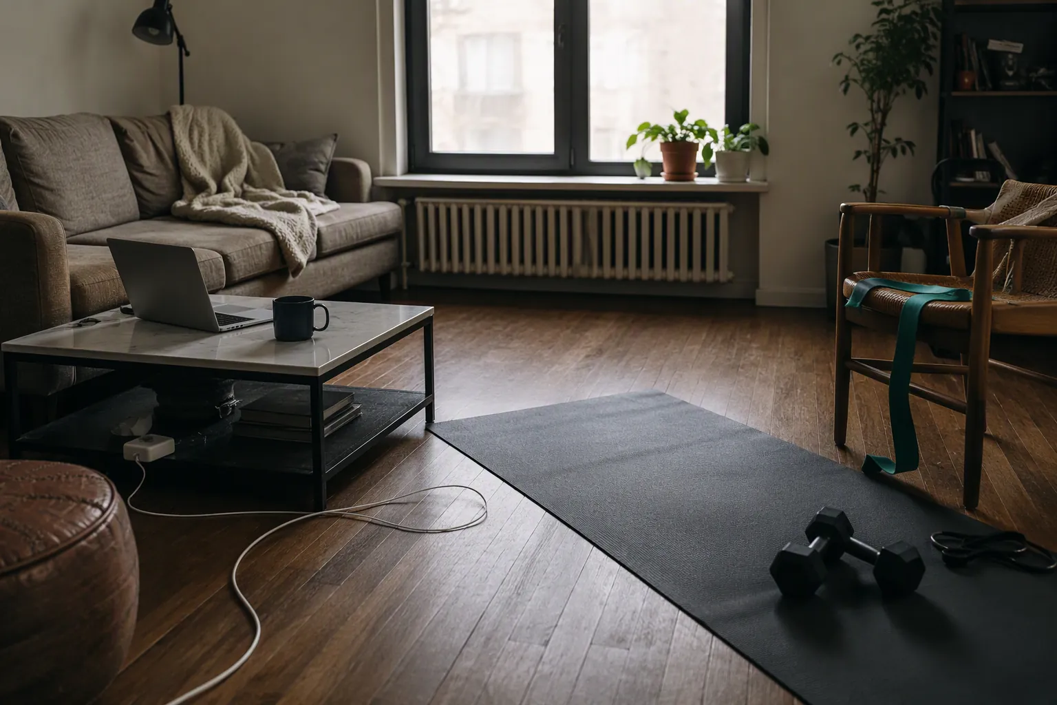 Shared living room with a laptop and coffee mug near a yoga mat, dumbbells, and resistance band