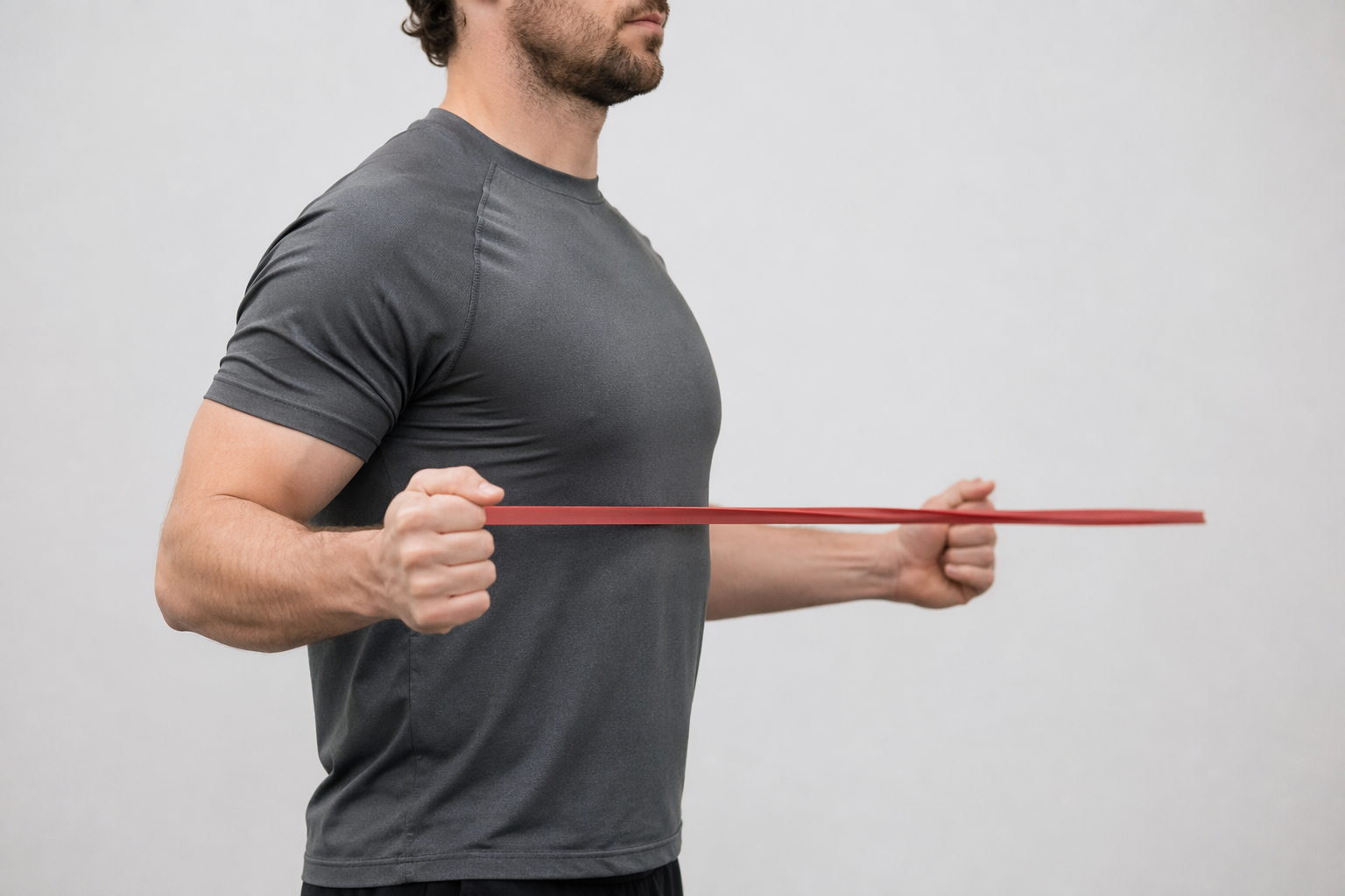 A baseball pitcher standing with elbows pinned to the ribs while externally rotating a light resistance band.