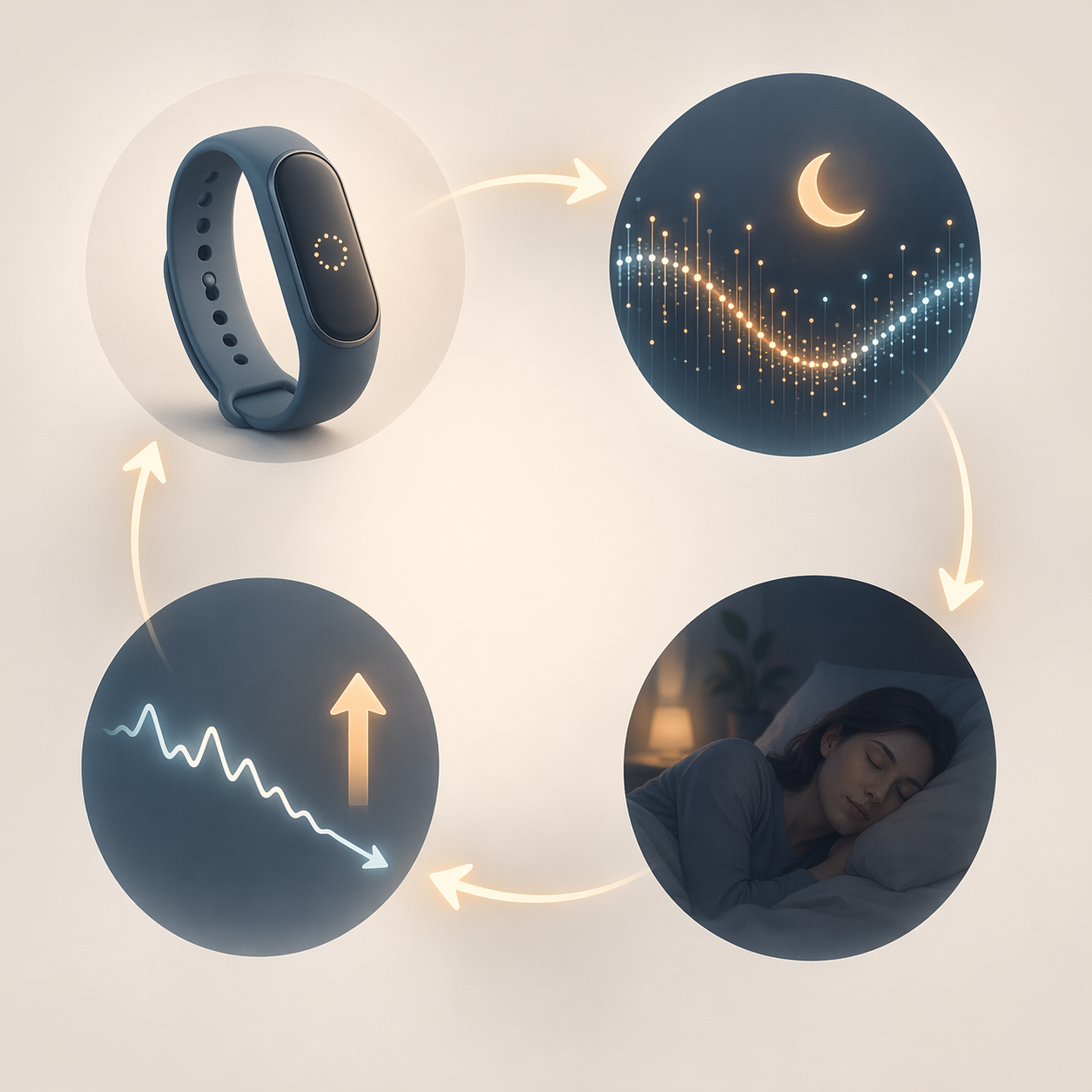 Illustration of a wearable, sleep behavior, and downward-trending heart rate connected in a feedback loop