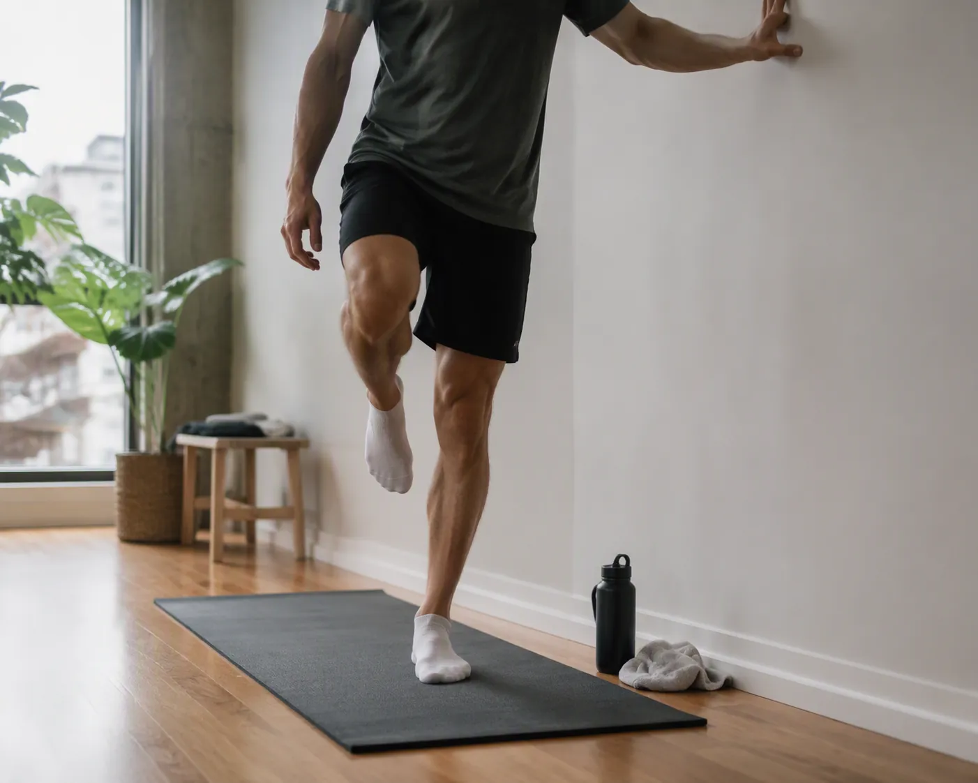 Athlete performing controlled single-leg balance at home while lightly touching a wall for support