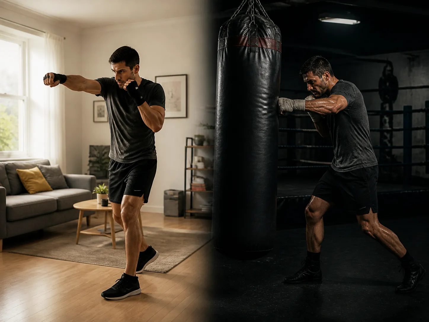 Split image contrasting solo shadow boxing at home with heavy bag striking in a boxing gym