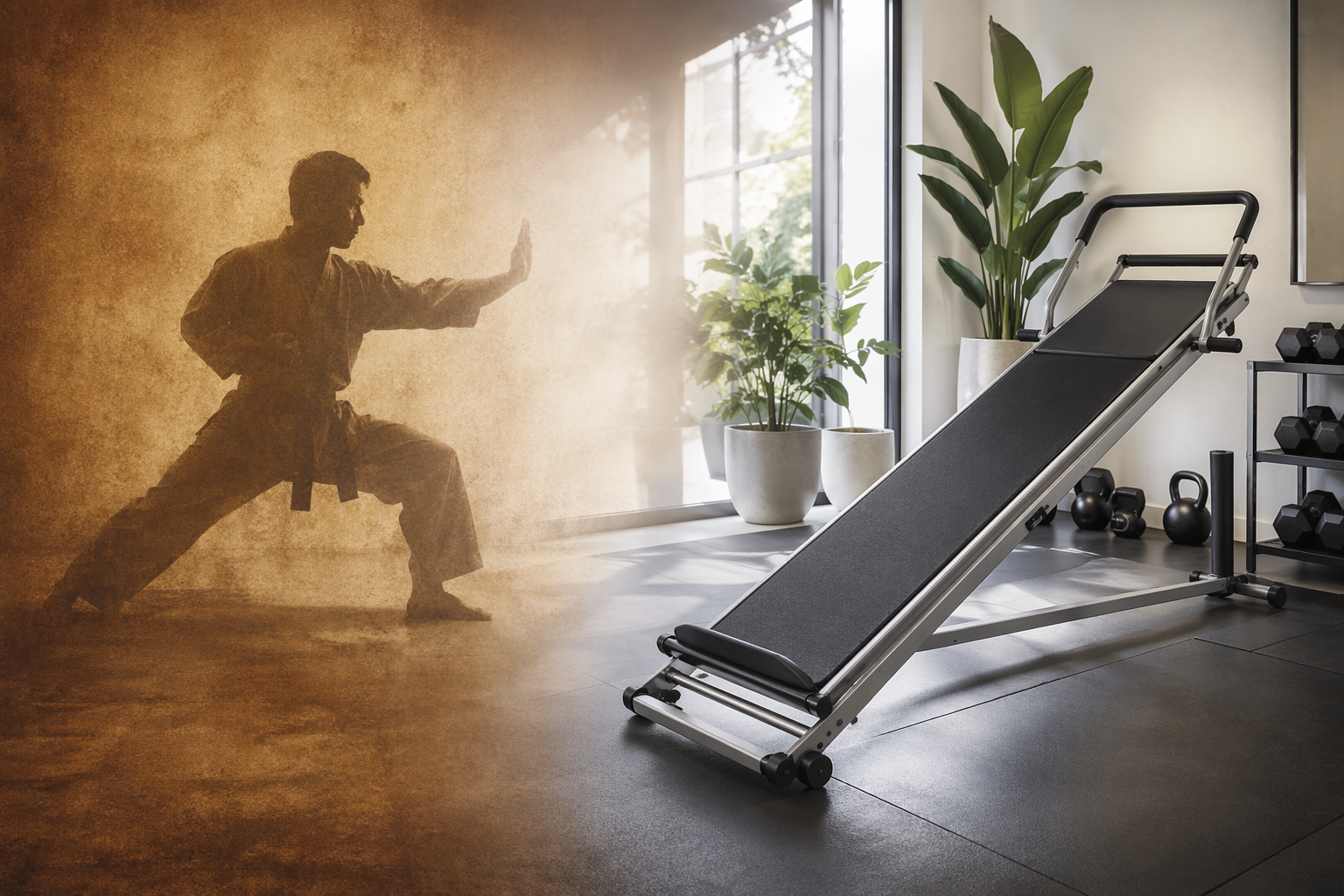 Split composition showing a sepia-toned martial artist silhouette transitioning to a modern home gym with a sleek incline bodyweight machine.