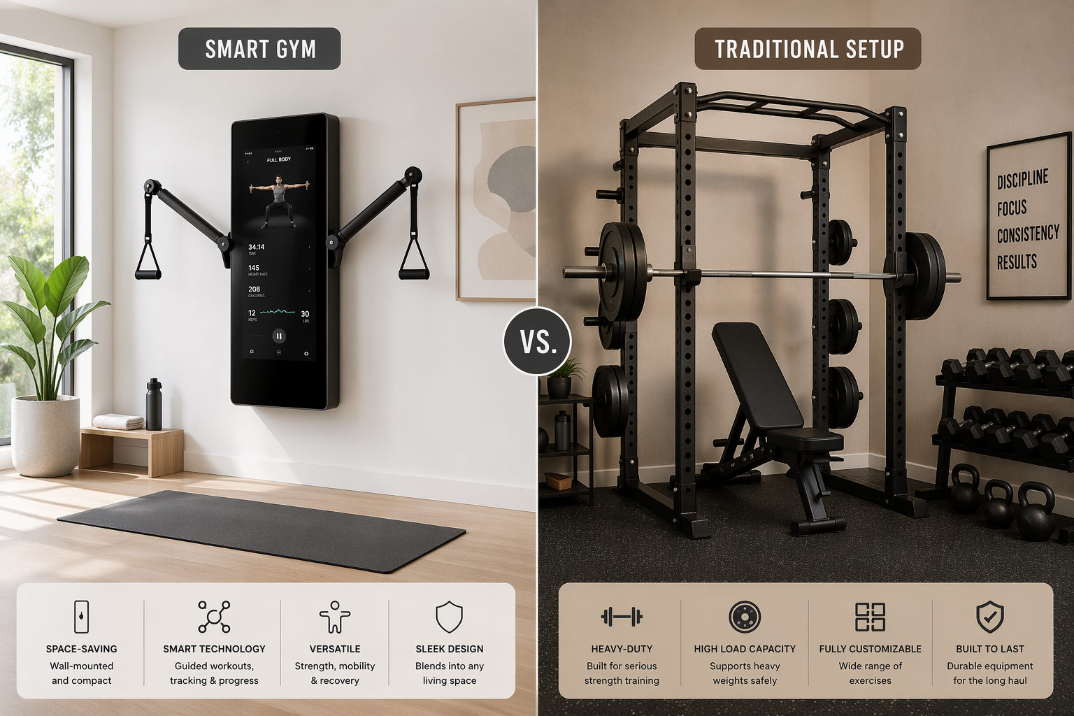 A split editorial illustration showing a wall-mounted smart home gym unit with arms extended on the left and a traditional power rack with barbell and weight plates on the right, separated by a vertical divider with labels 'Smart Gym' and 'Traditional Setup'.