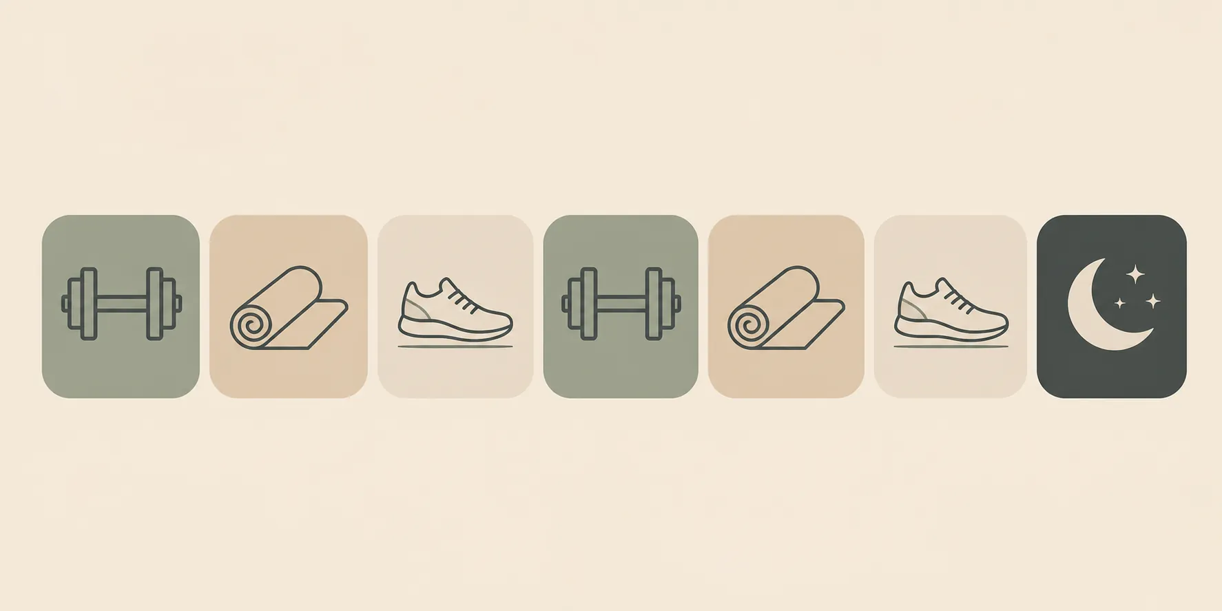 Weekly rhythm illustration with dumbbell, yoga mat, walking sneaker, and recovery moon icons