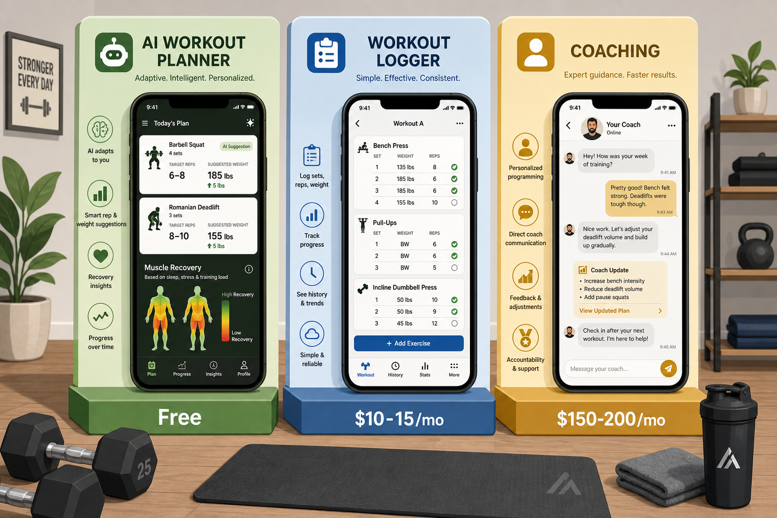 Three smartphones side by side on green, blue, and gold tiers showing an AI workout planner, a manual logger, and a coaching interface with dumbbells and a yoga mat in the foreground.