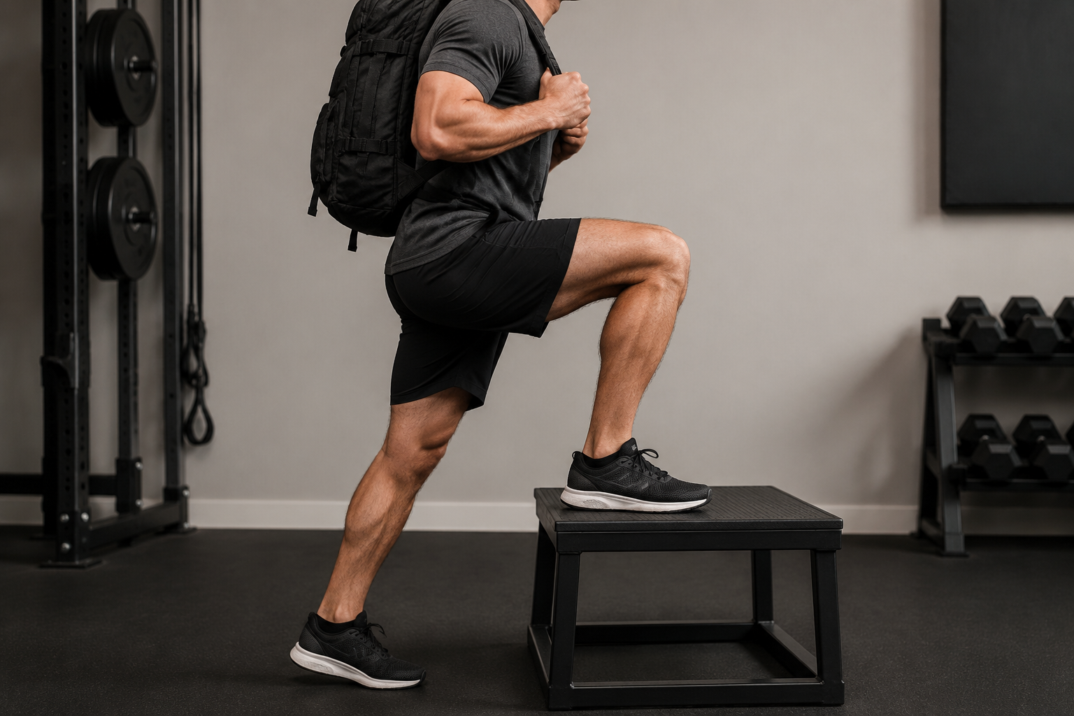 Close-up of weighted step-up foot placement on a home gym platform