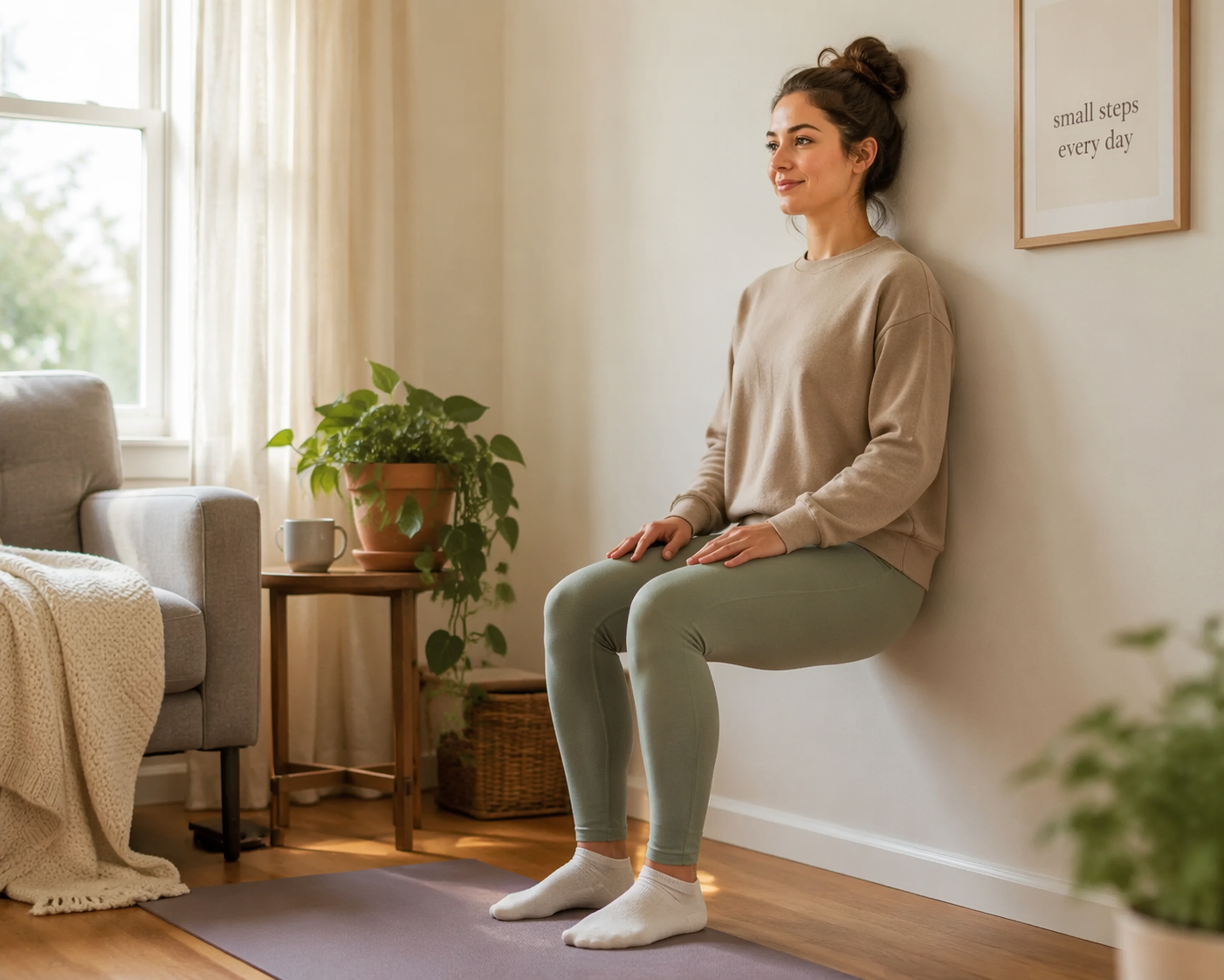 Person in casual home clothes doing a gentle wall sit in a sunlit living room