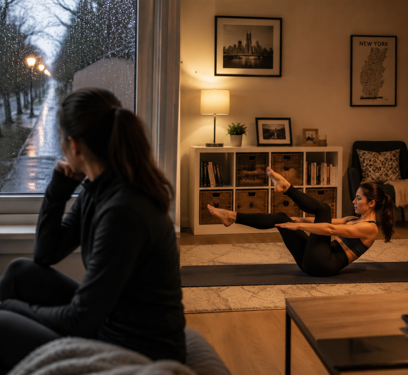 Rainy outdoor path beside a compact living room yoga mat setup for indoor exercise