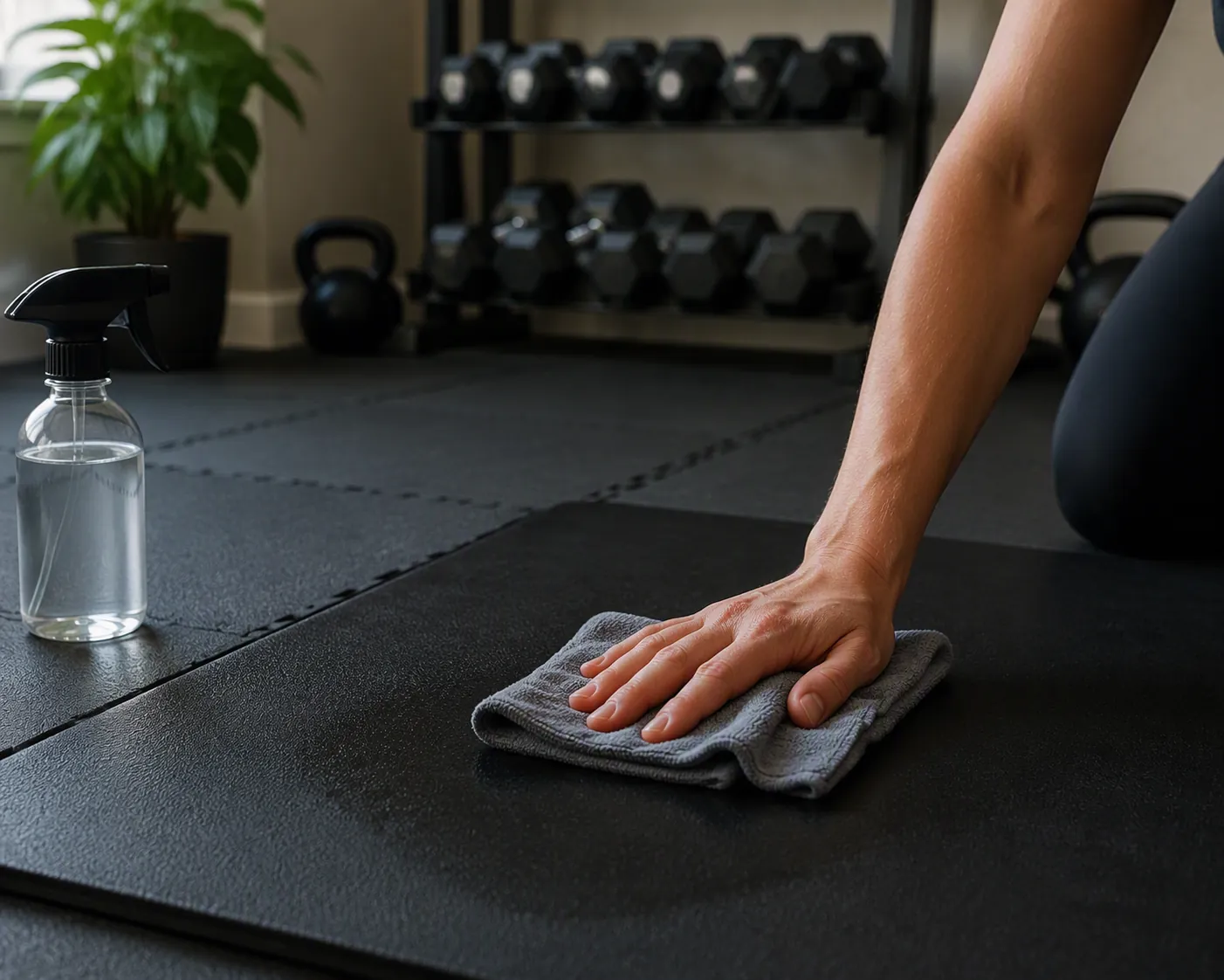 A person wiping a black rubber exercise mat with a microfiber cloth in a home gym