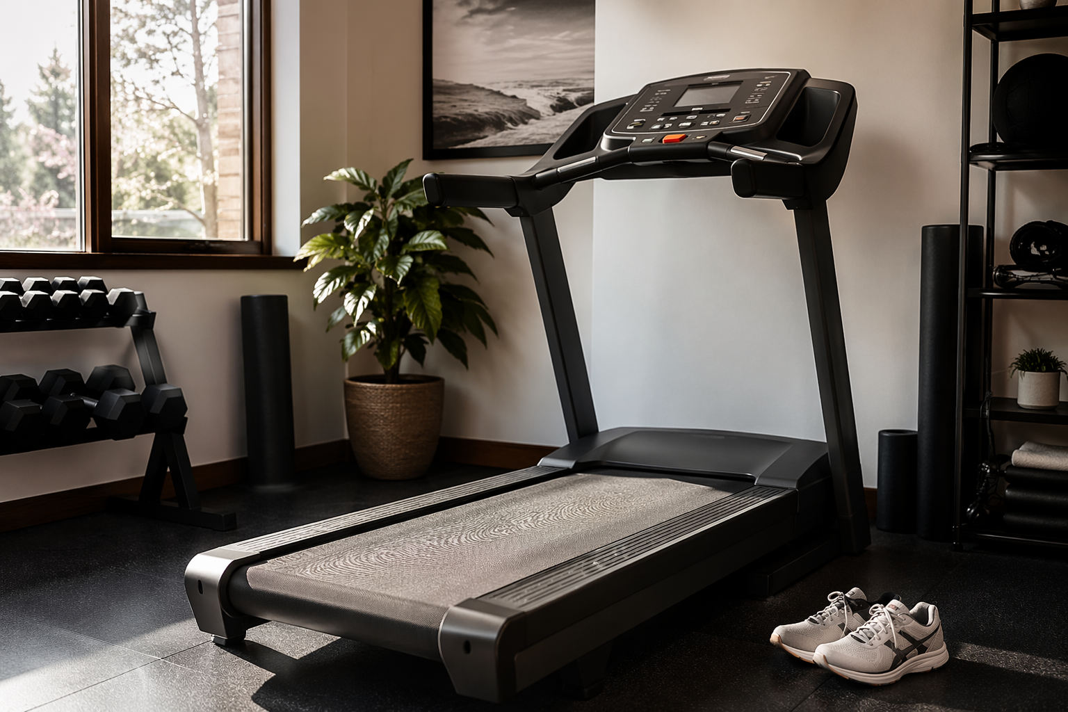 Simple home gym treadmill with physical controls and no oversized tablet screen
